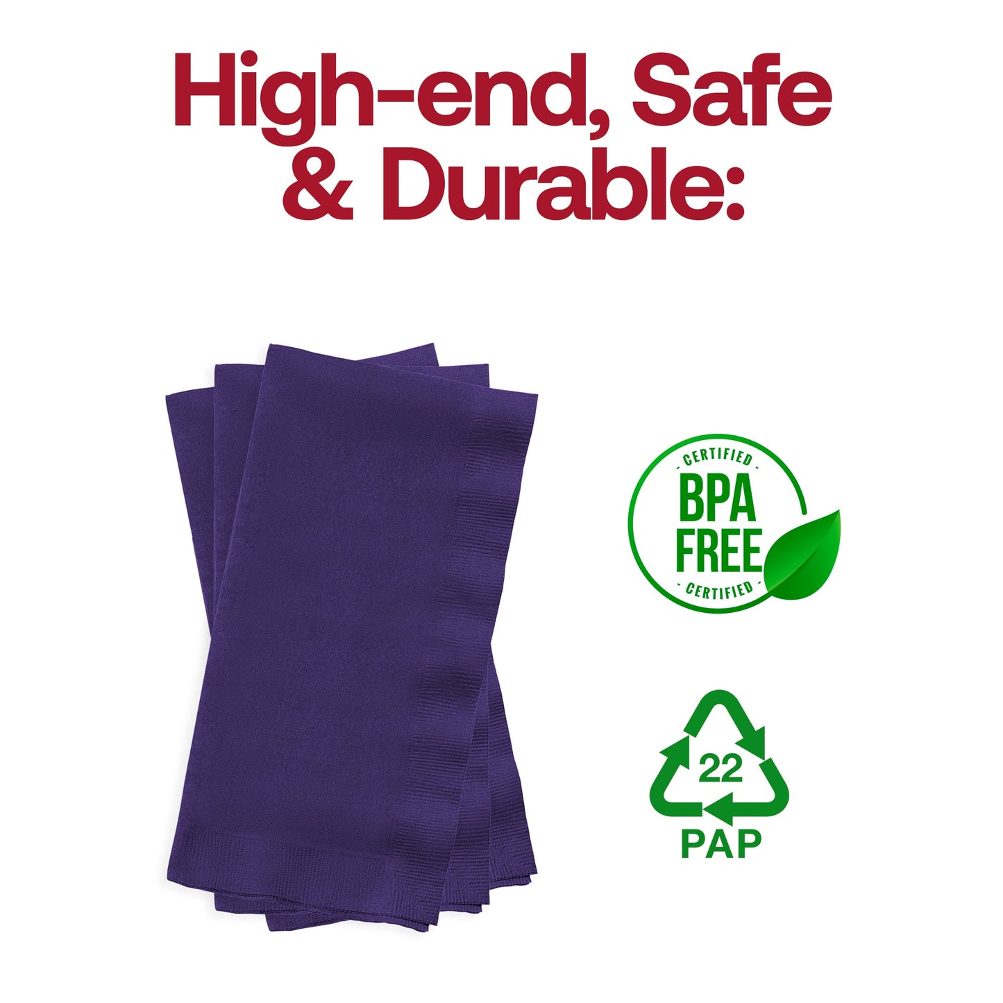 BPA-free purple dinner napkin made from soft, disposable paper, unfolded to 16 x 16 inches, sold in 600-pack.
