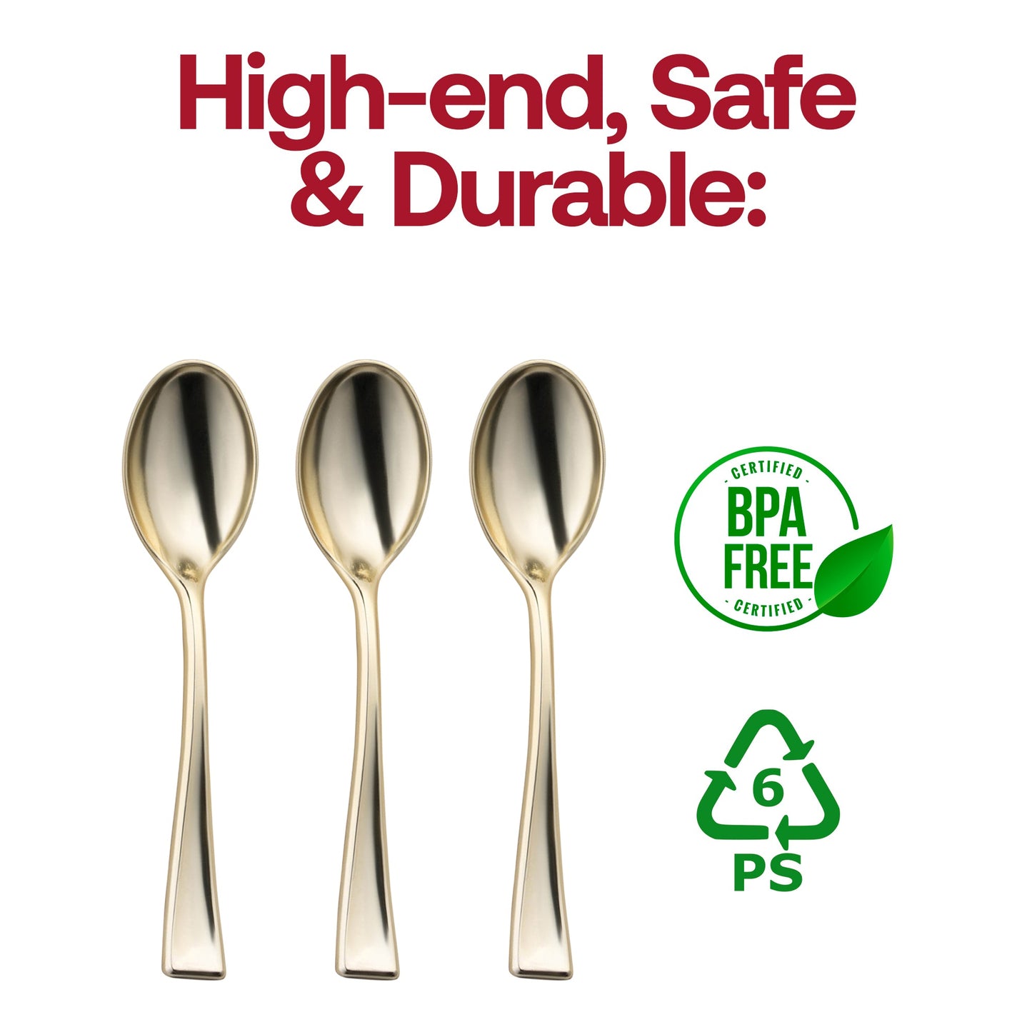 BPA-free shiny metallic gold mini plastic tasting spoons, 4 inches, food-safe and perfect for upscale events, pack of 600.