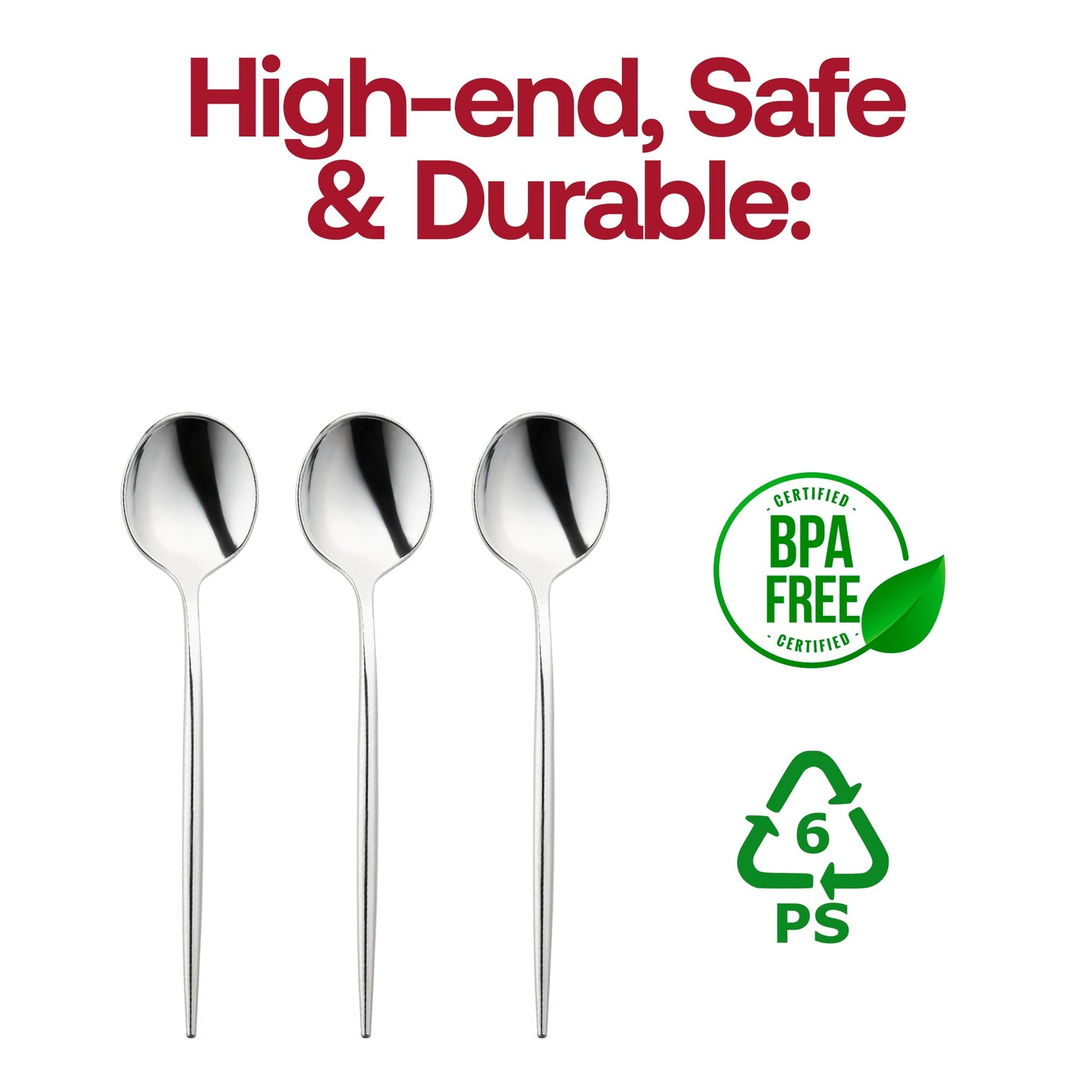BPA-free shiny silver Moderno plastic dessert spoons, 7 inches, safe for food use, disposable, and ideal for parties and catering