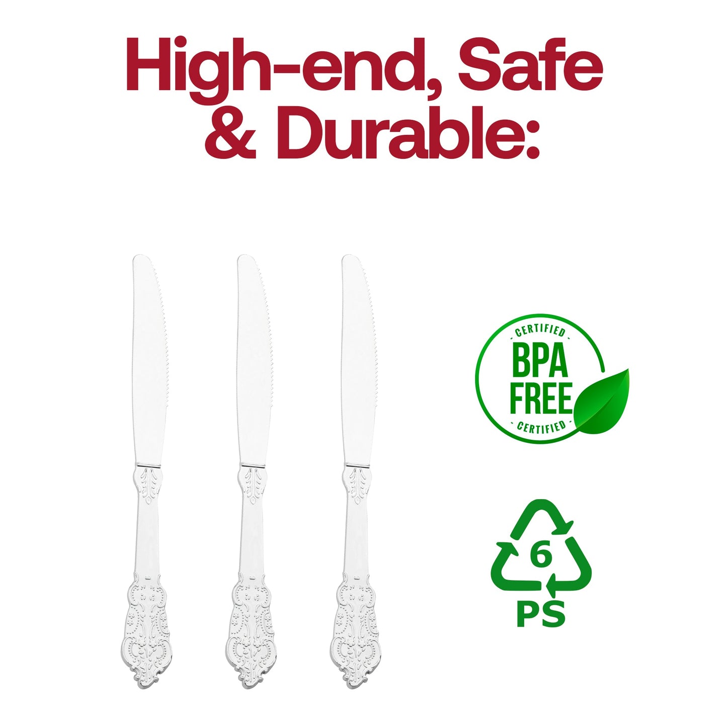 BPA-free silver plastic knives, 7.8 inches, featuring a decorative Baroque design, safe and elegant for any occasion.