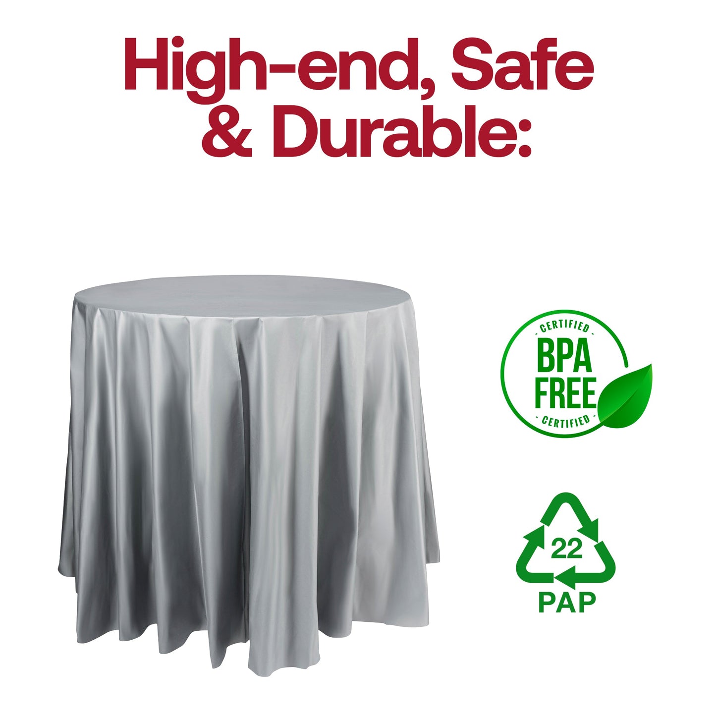 BPA-free silver round plastic tablecloths, disposable and food-safe, 84-inch size, available in a pack of 96.