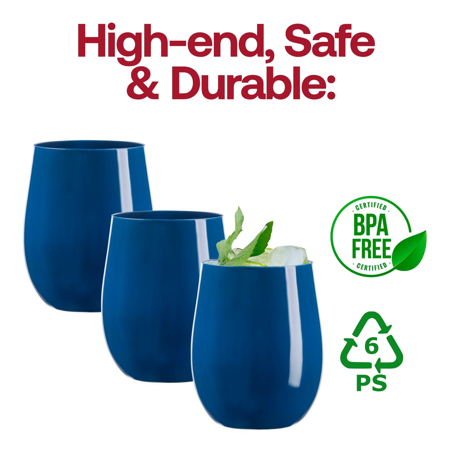 BPA-free solid navy plastic stemless wine glasses, 12 oz, safe and stylish for elegant gatherings and events