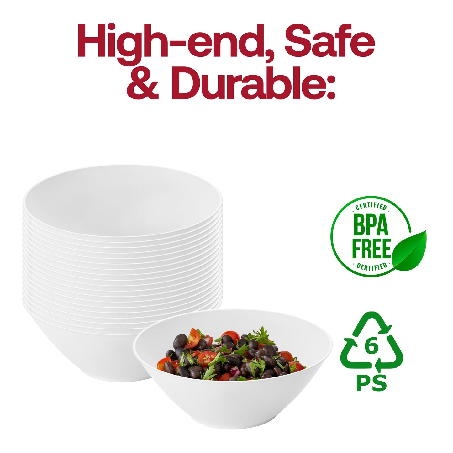 BPA-free solid white round disposable plastic dessert bowls, 6 oz size, durable and safe for food