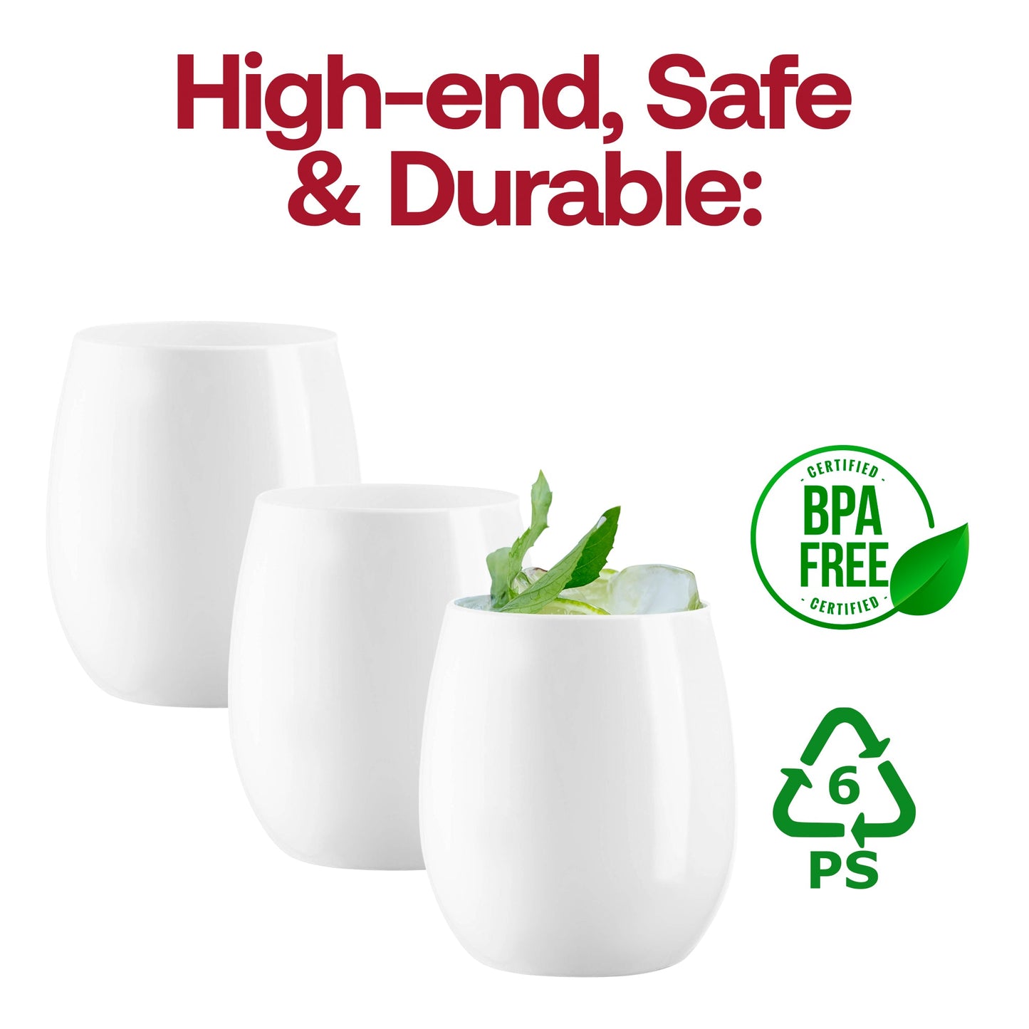 BPA-free solid white stemless plastic wine glasses, 12 oz capacity, stylish and safe for drinks, in a bulk pack of 64