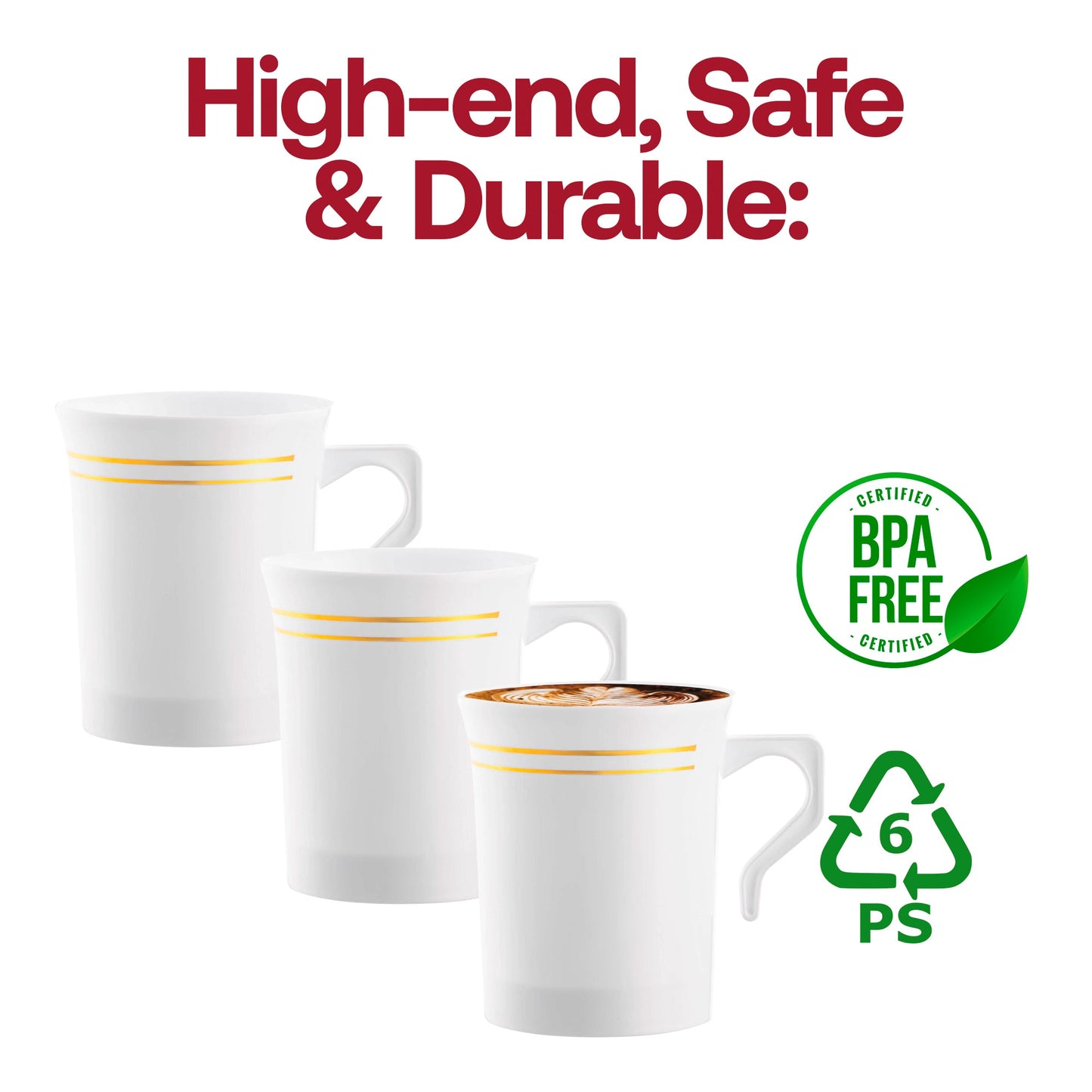 BPA-free white plastic coffee mugs with a gold edge rim, 8 oz capacity, stylish and safe for hot beverages, pack of 120