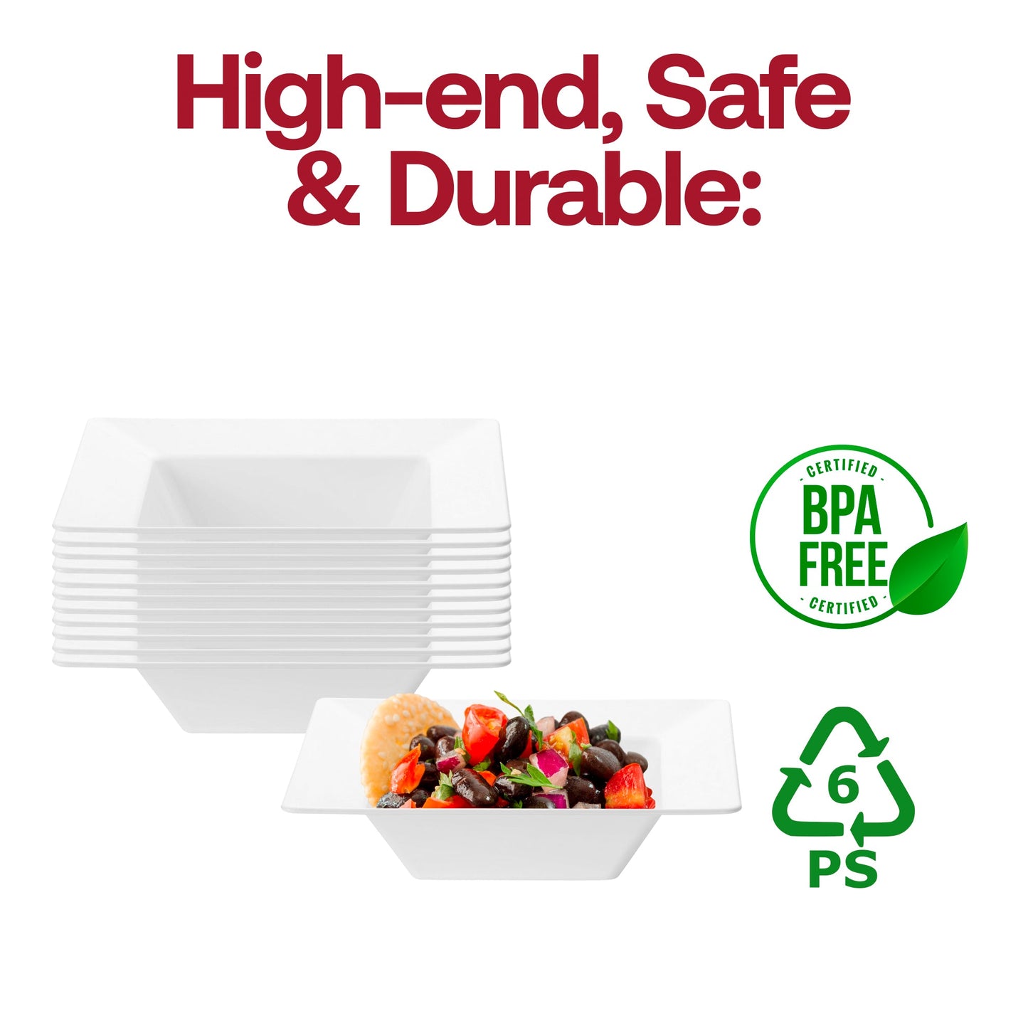 BPA-free white square plastic soup bowls, 12 oz capacity, safe and convenient for serving hot or cold dishes at any event
