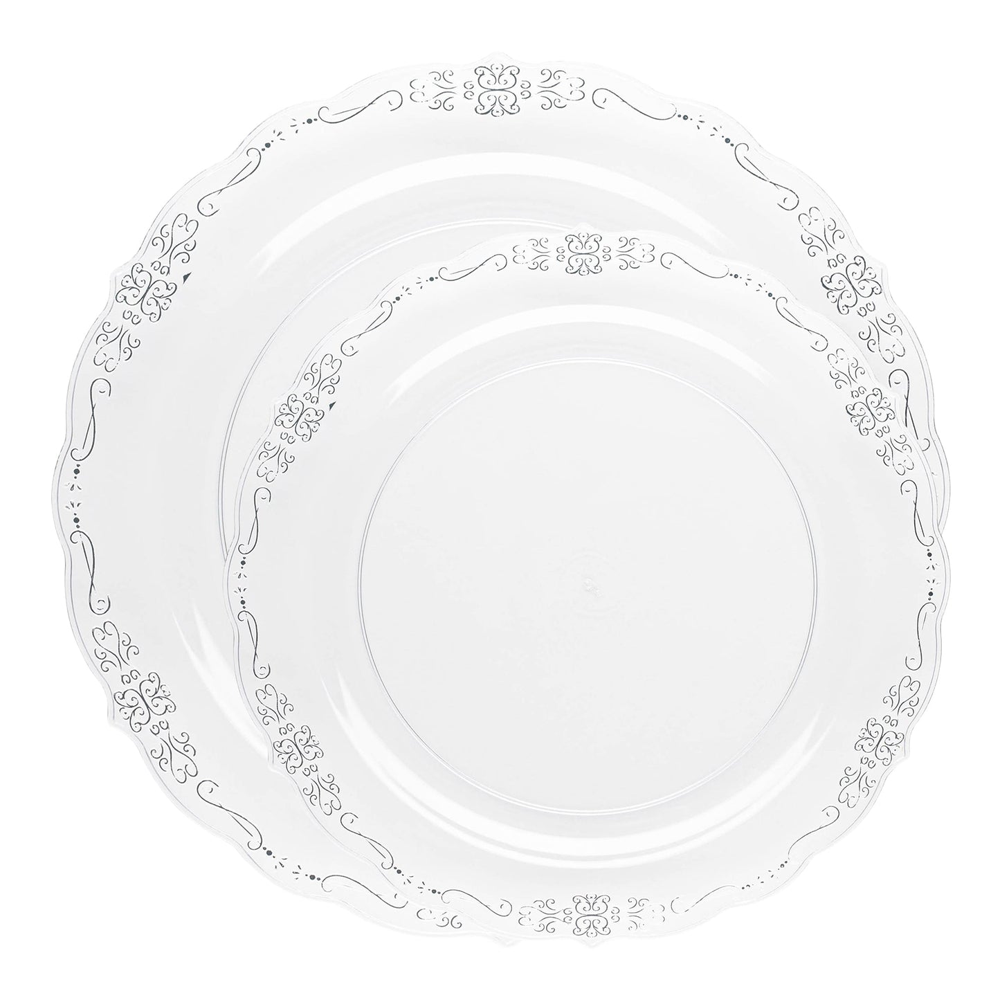 Beautiful disposable dinnerware with a silver vintage rim, ideal for adding a touch of class to any celebration