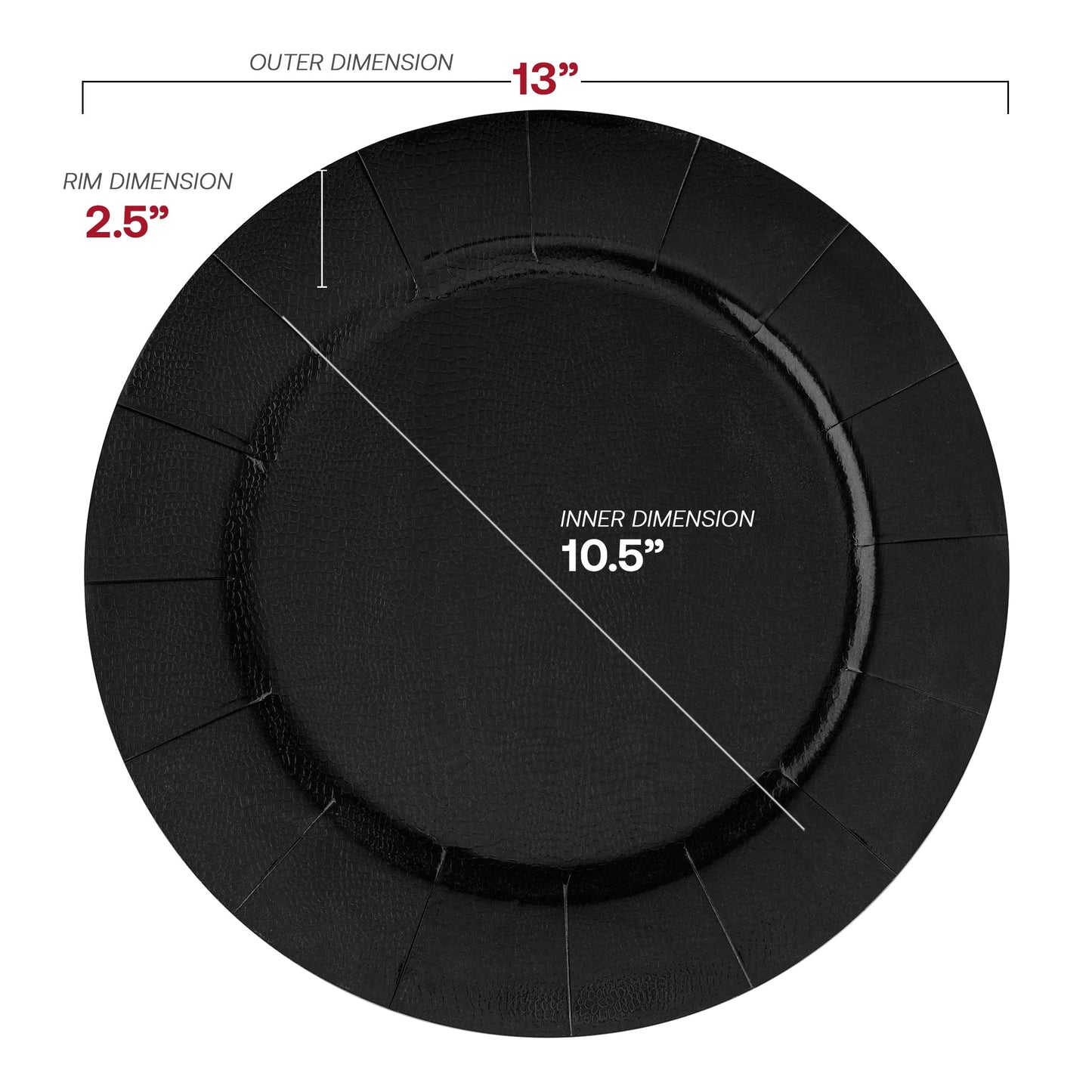 Black 13-inch round charger plates, crafted from disposable paper
