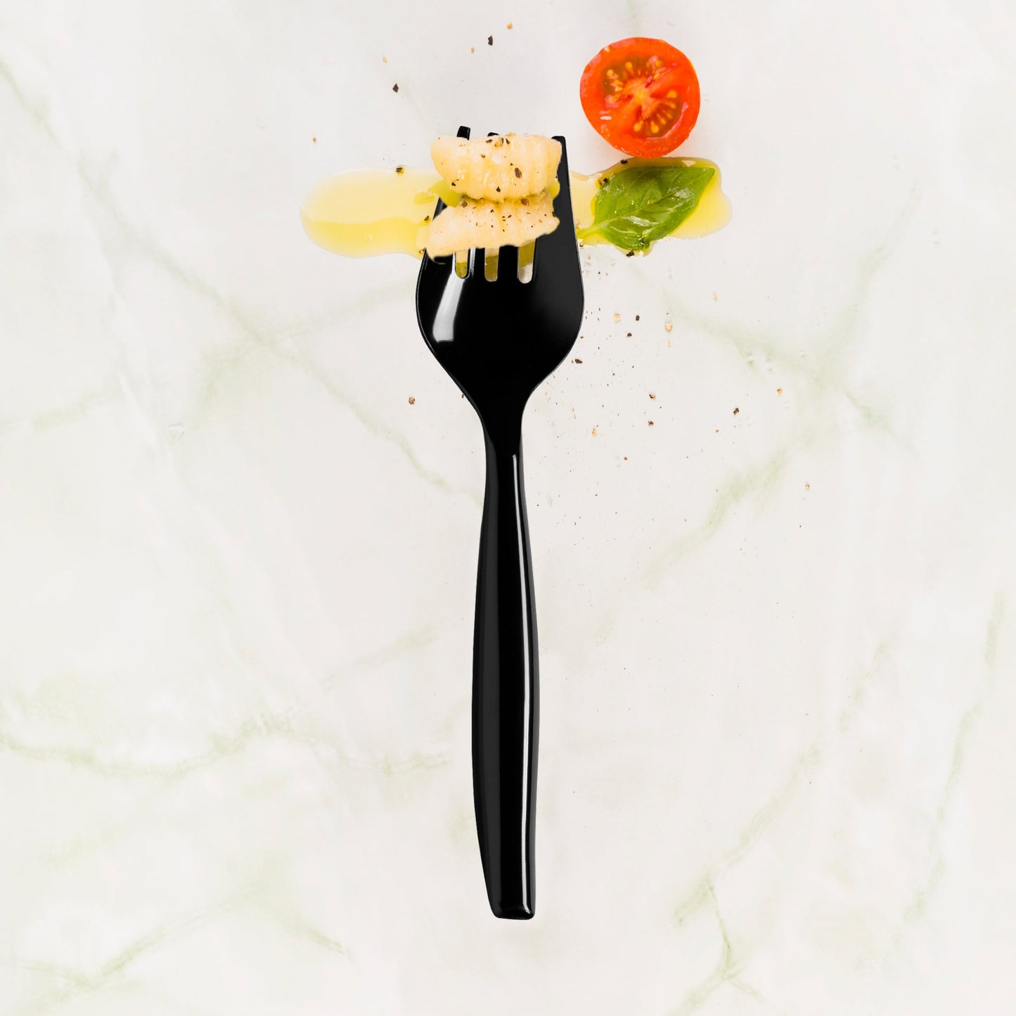 Black Disposable Plastic Serving Forks lightweight and sturdy, great for serving appetizers, entrees, or desserts