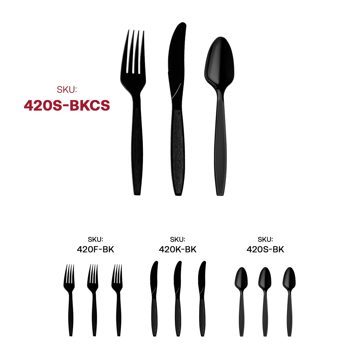 Black disposable plastic forks, knives, and spoons, sturdy and lightweight, ideal for buffets, catering, and takeout