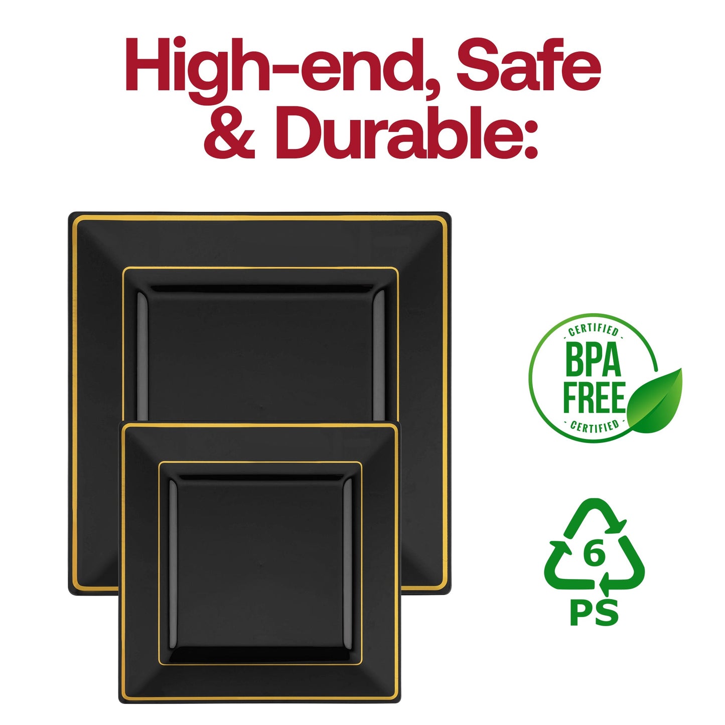 Black disposable plastic plates with gold rimmed square edge, 6.5-inch size, bulk pack of 120, BPA-free