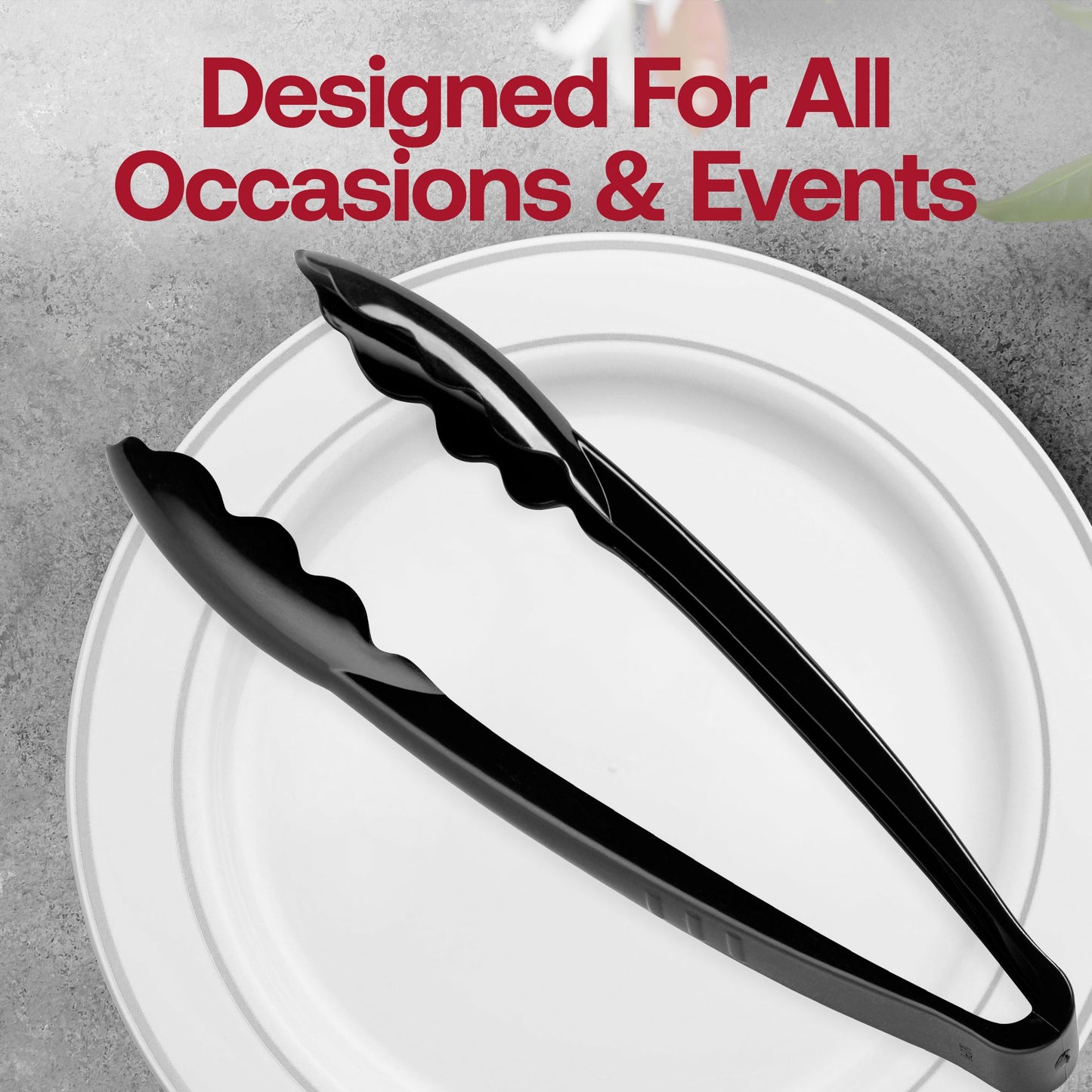 Black disposable plastic serving tongs, SKU 2549-B, perfect for quick and efficient food service