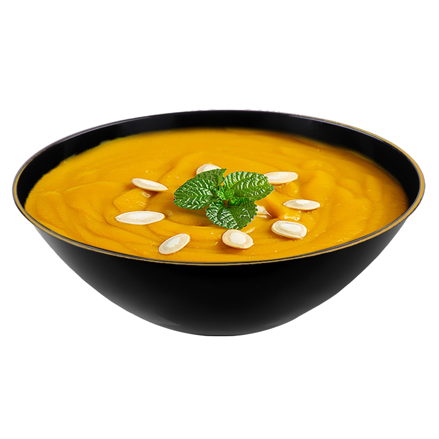 Black plastic bowls with a shiny gold rim, 32 oz round design, organic and disposable