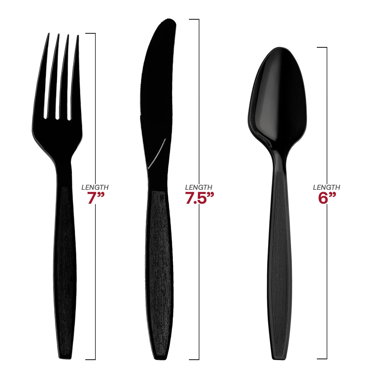 Black plastic cutlery set with 7-inch forks, 7.5-inch knives, and 6-inch spoons, disposable and lightweight for convenience