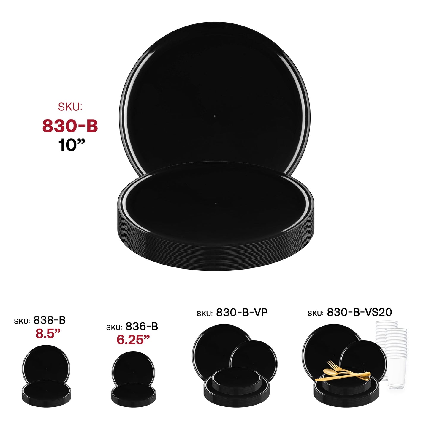 Black plastic disposable plates with a modern flat round design, 10-inch diameter