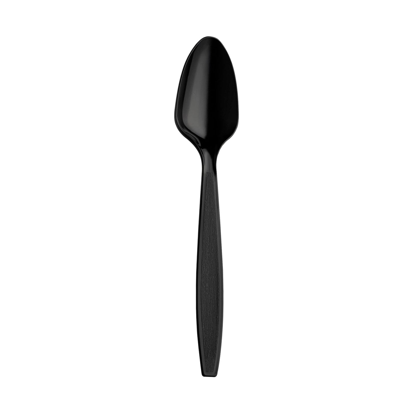 Black plastic disposable spoons, 6 inches long, durable and convenient for large events, sold in a case of 1,000.