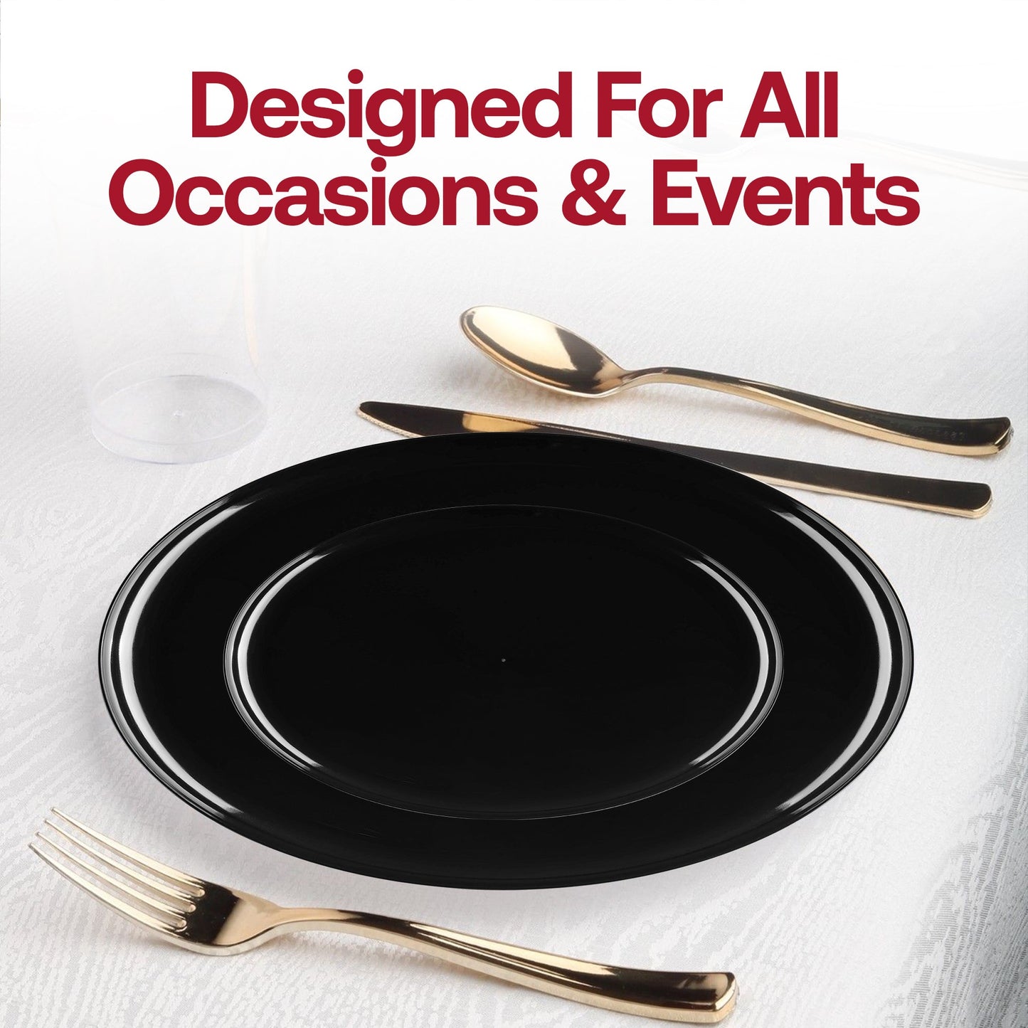 Black plastic plates in use at an outdoor celebration, ideal for events from casual picnics to upscale receptions