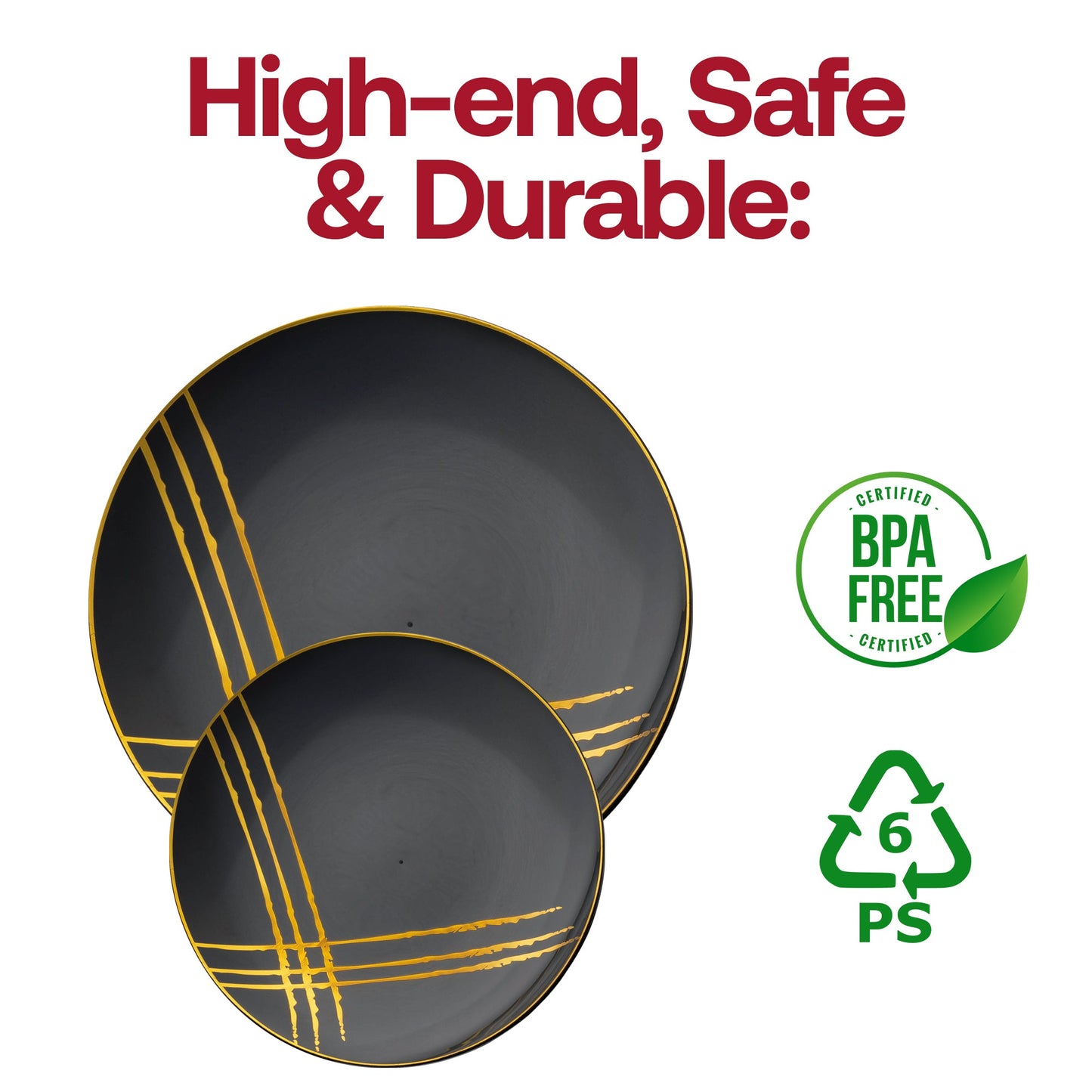 Black plastic plates with a decorative gold brushstroke pattern, 10.25-inch round shape, disposable, BPA-free