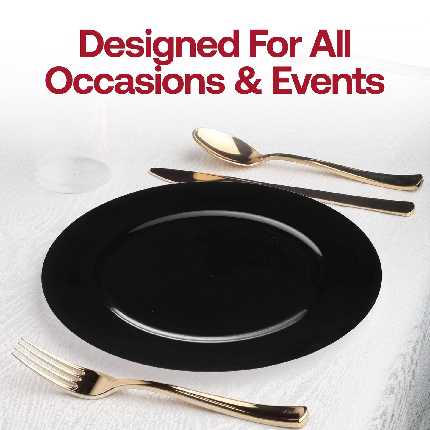 Black round disposable plastic charger plates, perfect for formal events, 13-inch diameter