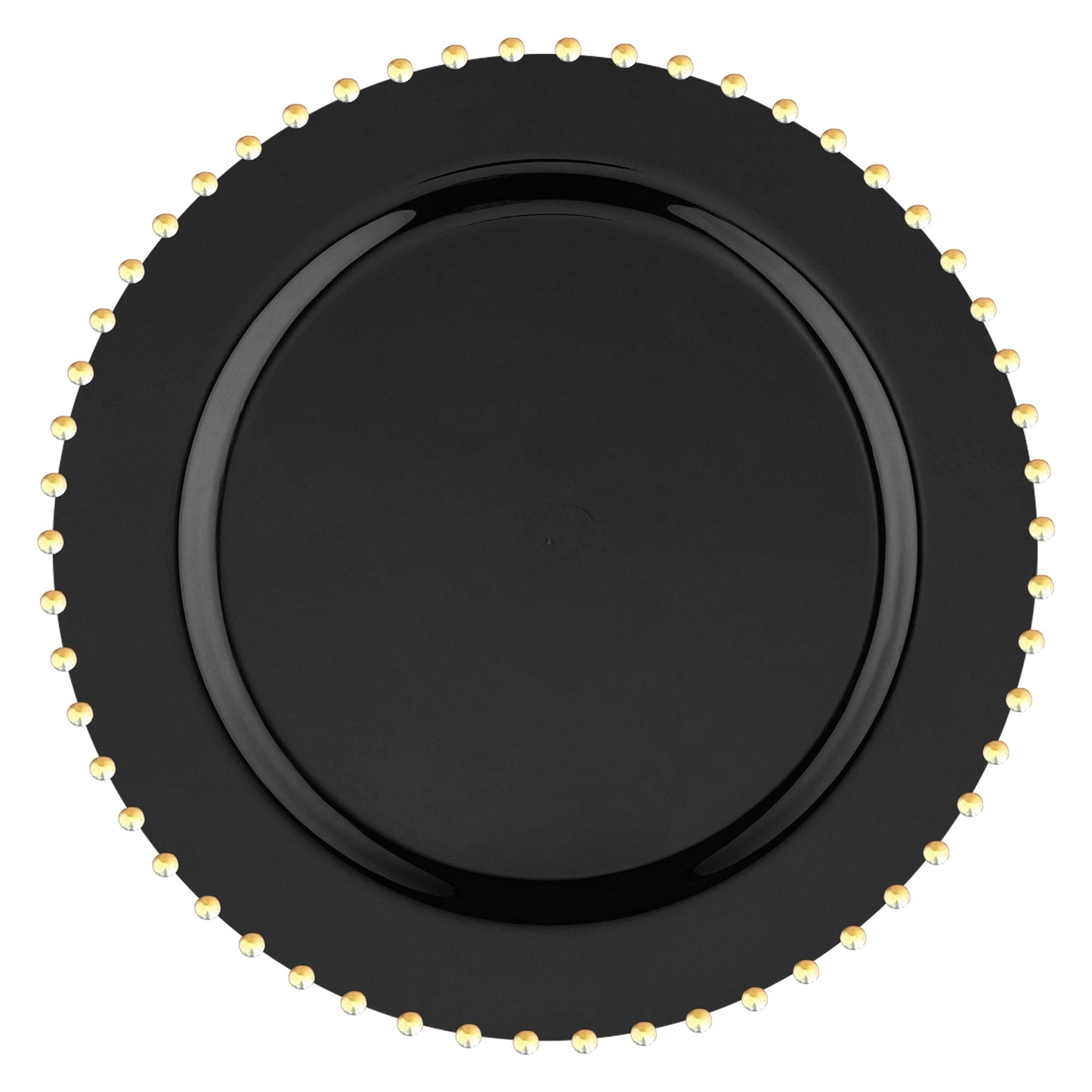 Black round disposable plastic dinner plates with a gold pearl string rim, 10-inch diameter