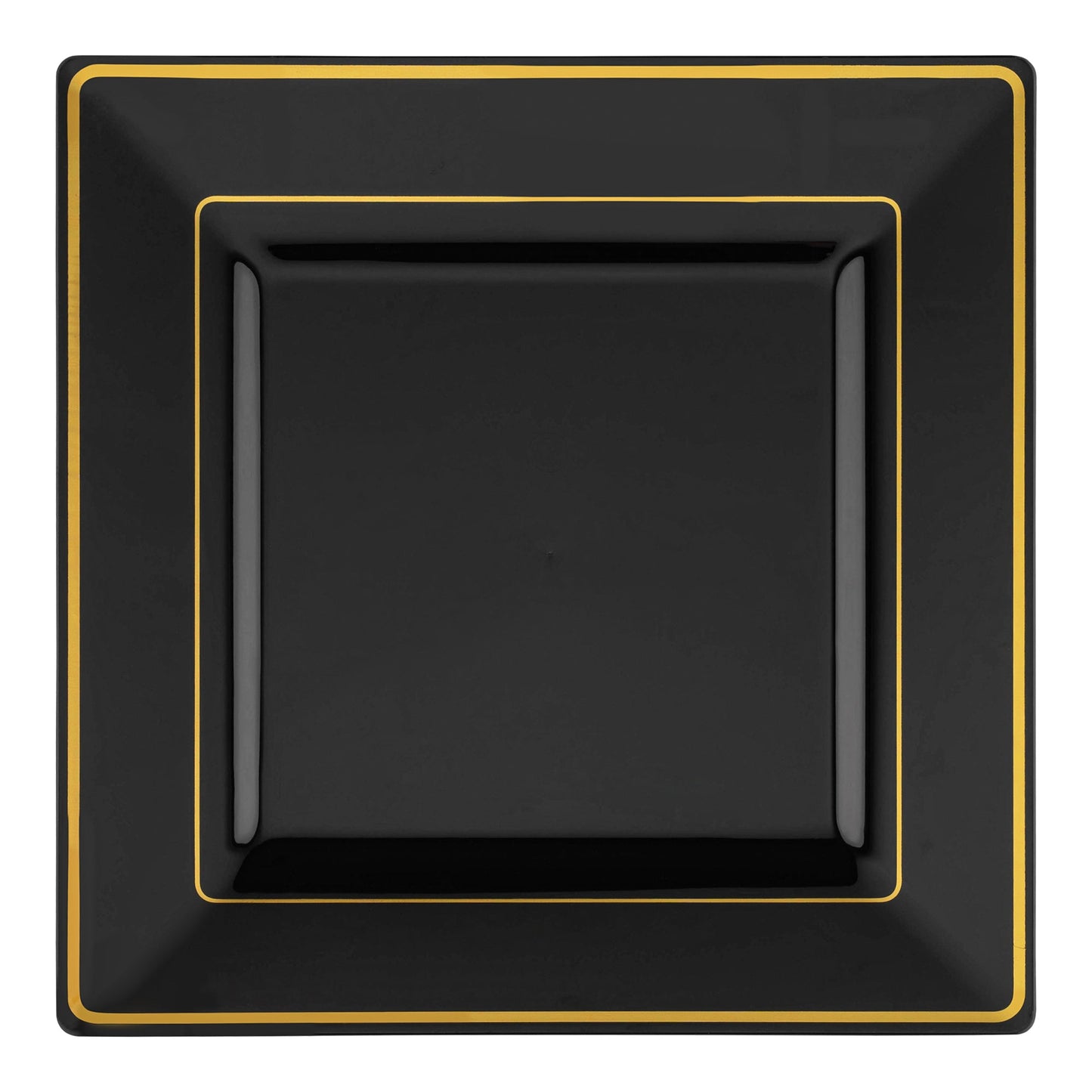 Black square plastic appetizer plates with gold edge rim, 6.5-inch size, sold in a pack of 120