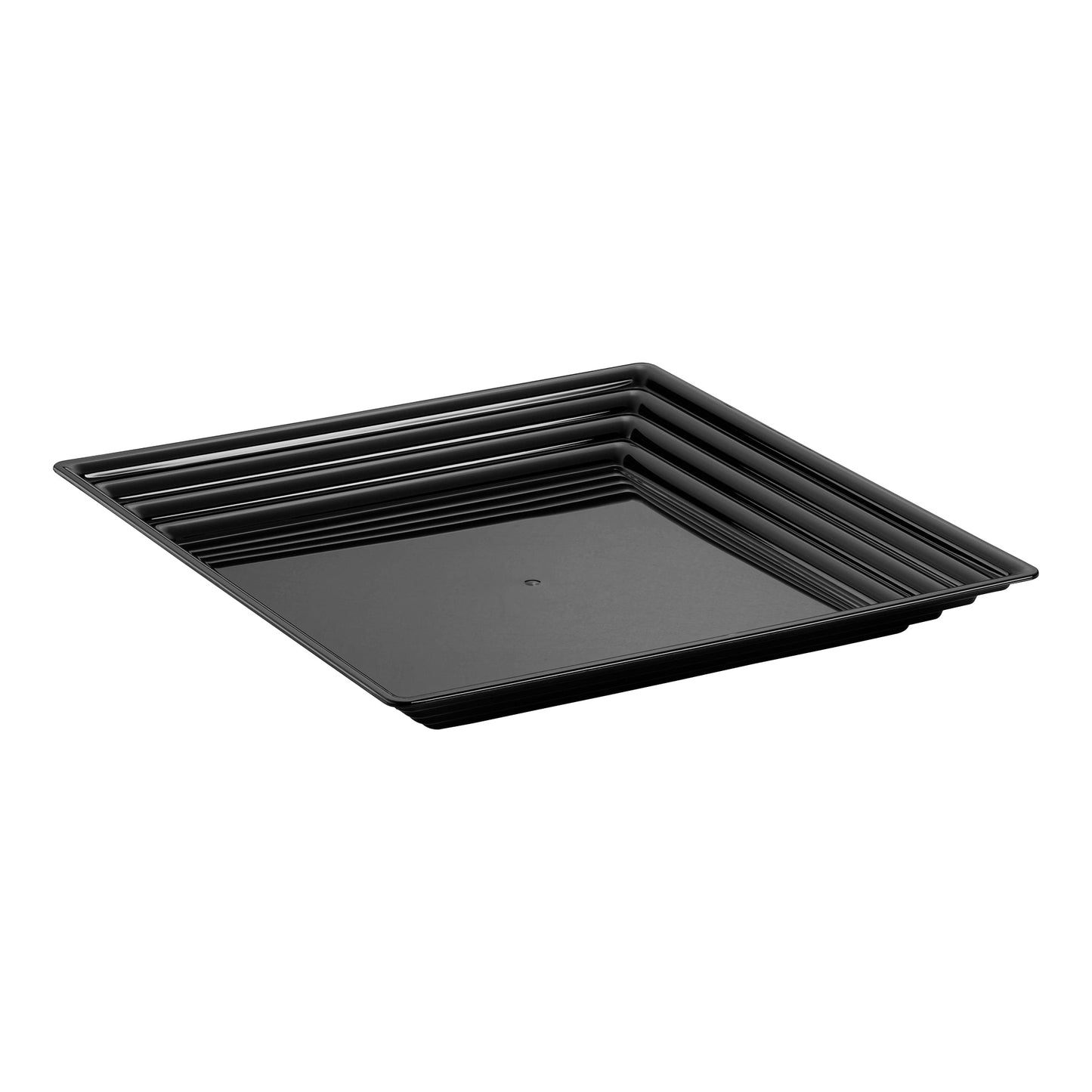 Black square plastic serving tray with groove rim, ideal for stylish and functional food presentation