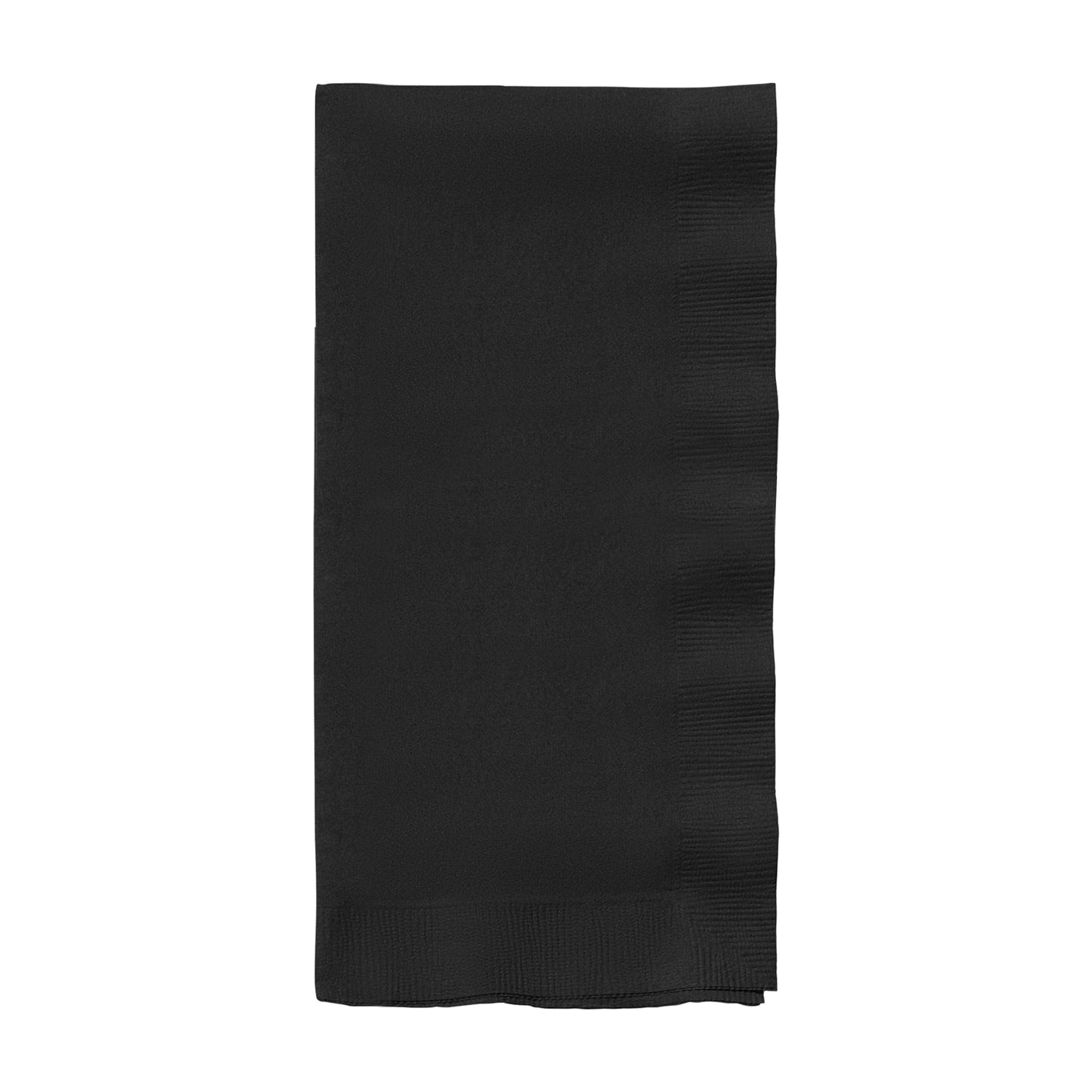 Black velvet paper dinner napkin measuring 16 x 16 inches, part of a bulk 600-count case for large events.