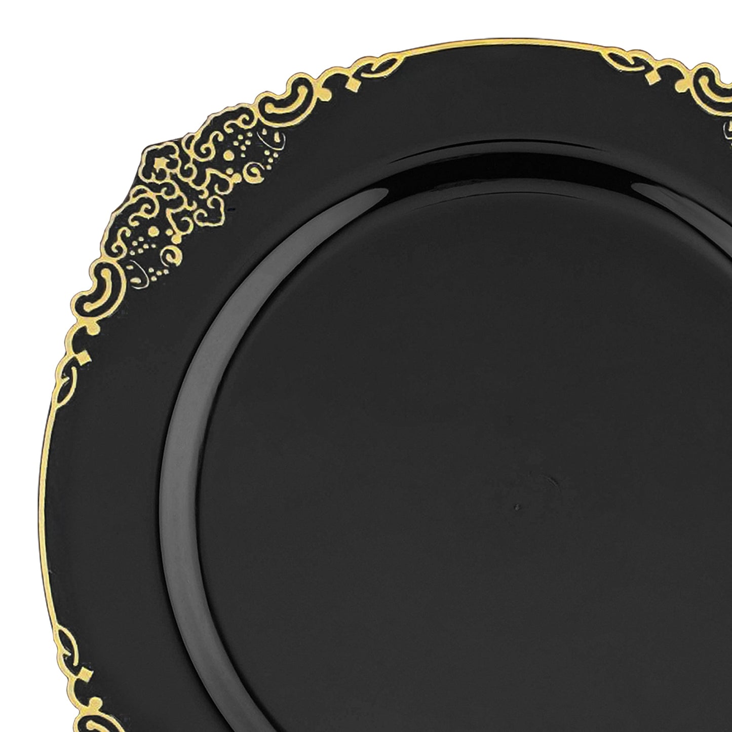 Black with Gold Fancy Round Disposable Plastic Dinner Plates