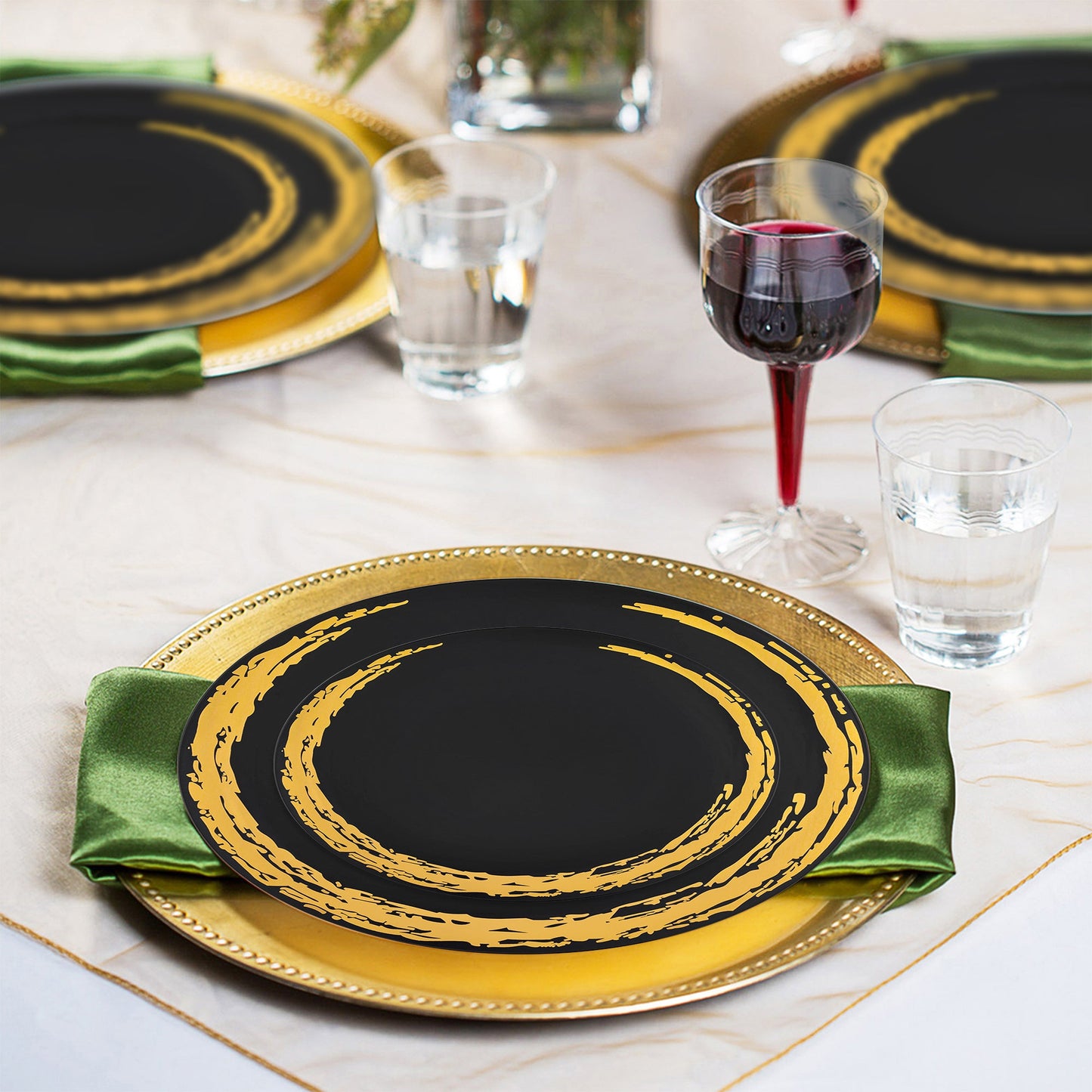 Black with Gold Moonlight Round Disposable Plastic Wedding Value Set, SKU 960BGVS20, includes 10" dinner plates, 7.5" appetizer plates, 7.25" forks, 8" knives, 6.25" spoons, and 4.5" cups