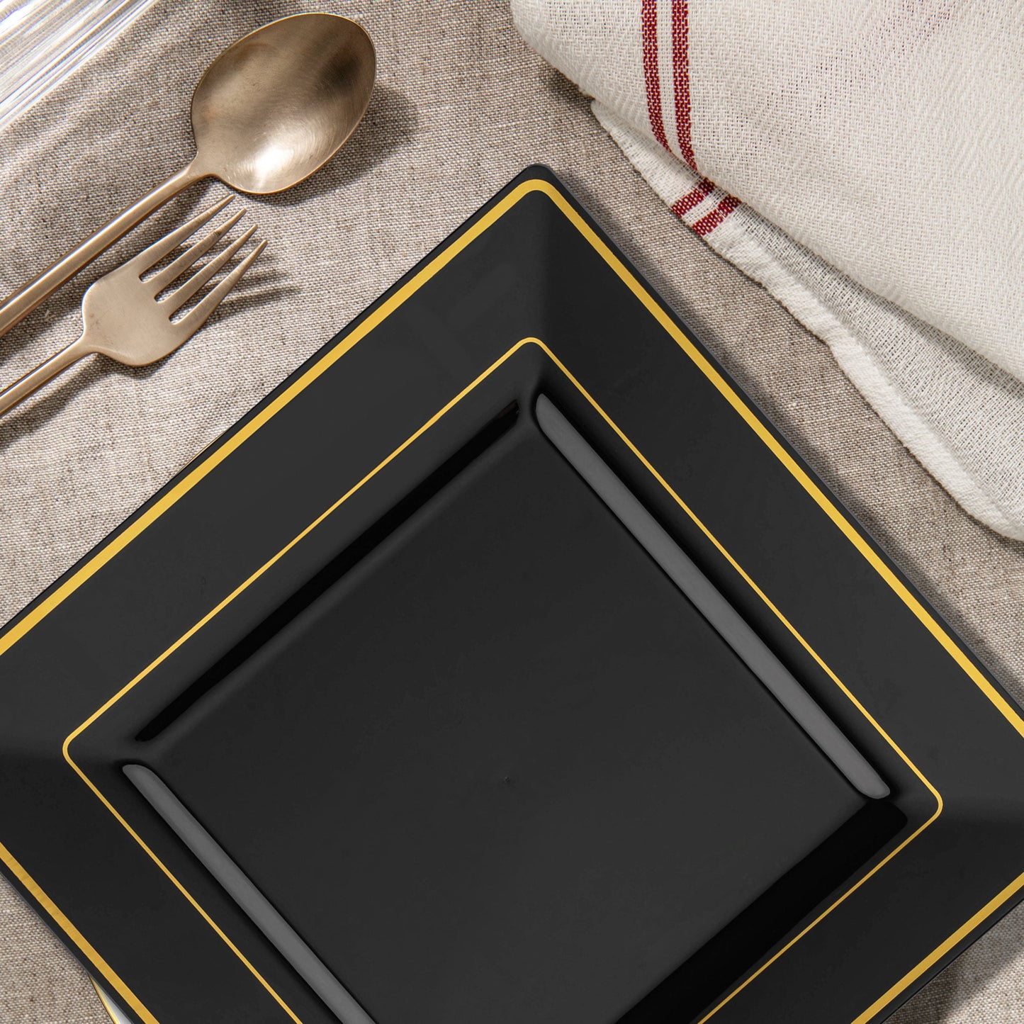 Black with Gold Rim Salad Plates used to serve appetizers at a formal evening cocktail party