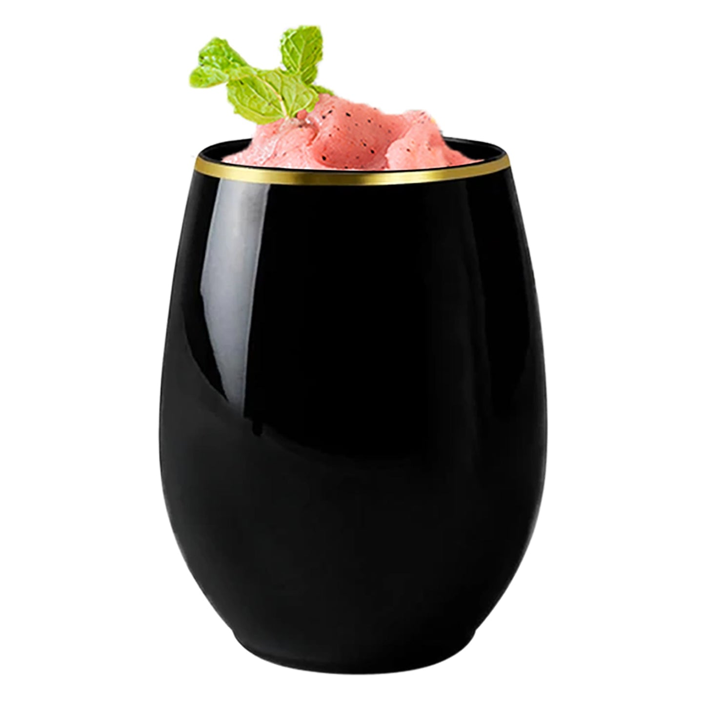 Black with gold stemless plastic wine glasses, 12 oz, combining elegance and convenience for weddings, parties, and special events