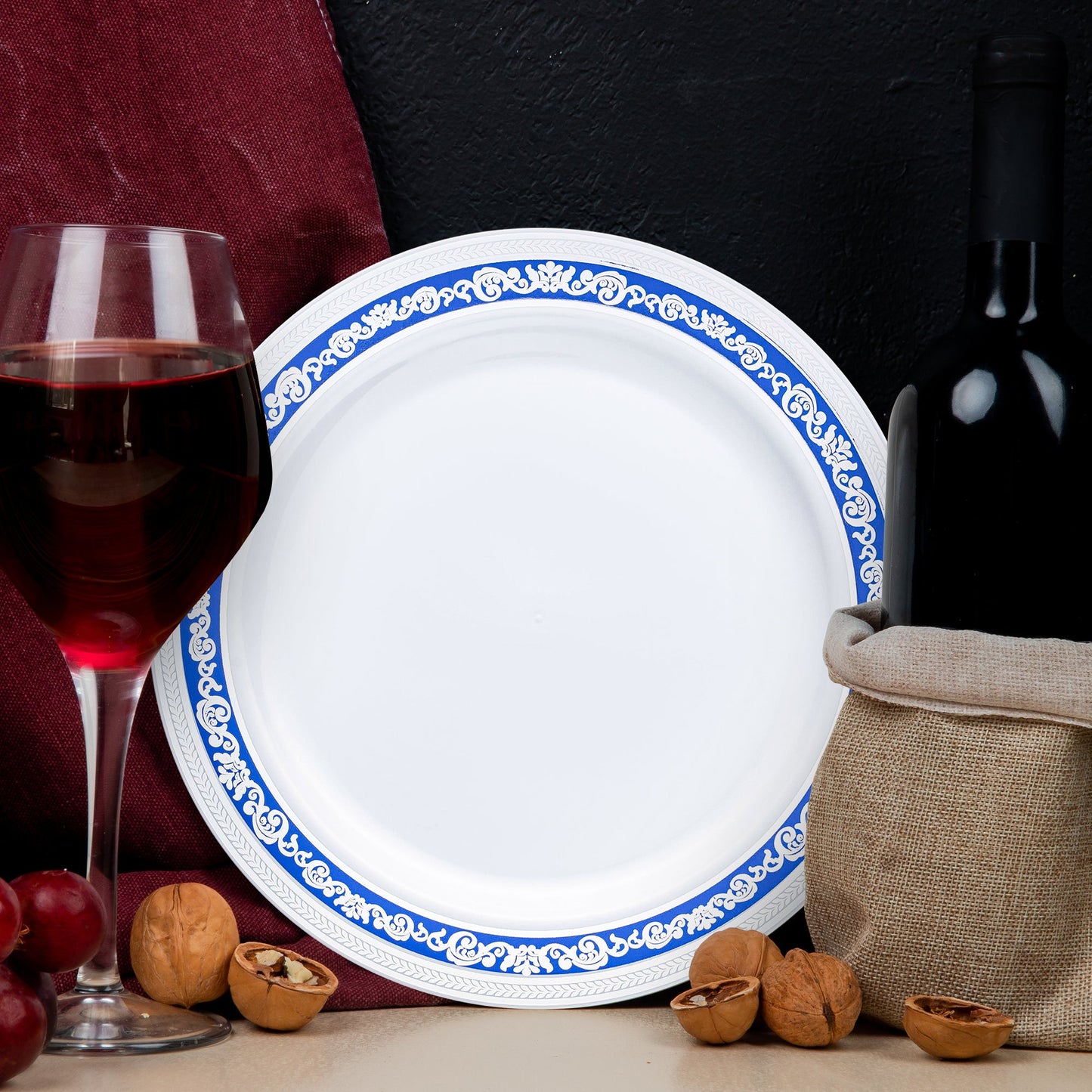 Blue and Silver Appetizer Plates held fresh salads at a cool-toned engagement party.