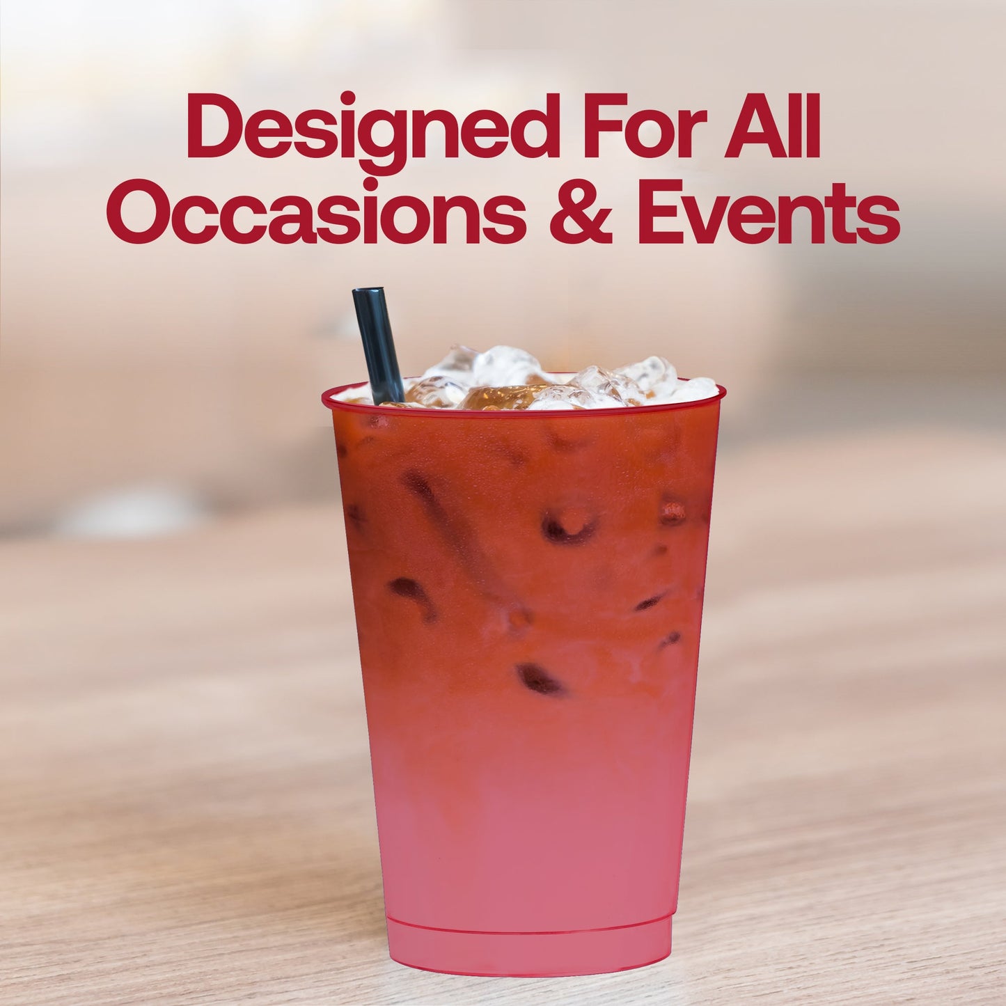 Bright red translucent finish enhances table presentations at indoor and outdoor occasions