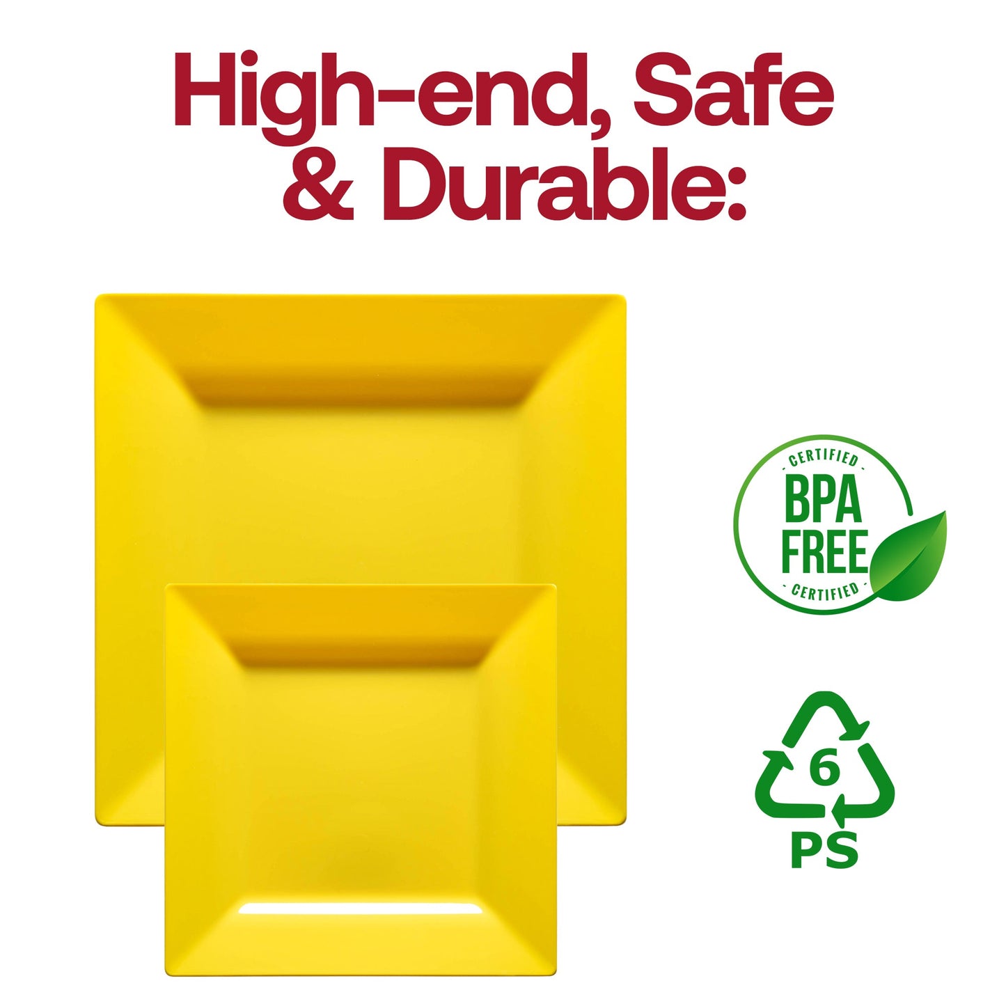 Bright yellow disposable square dinner plates, 9.5-inch size, made of plastic, BPA-free