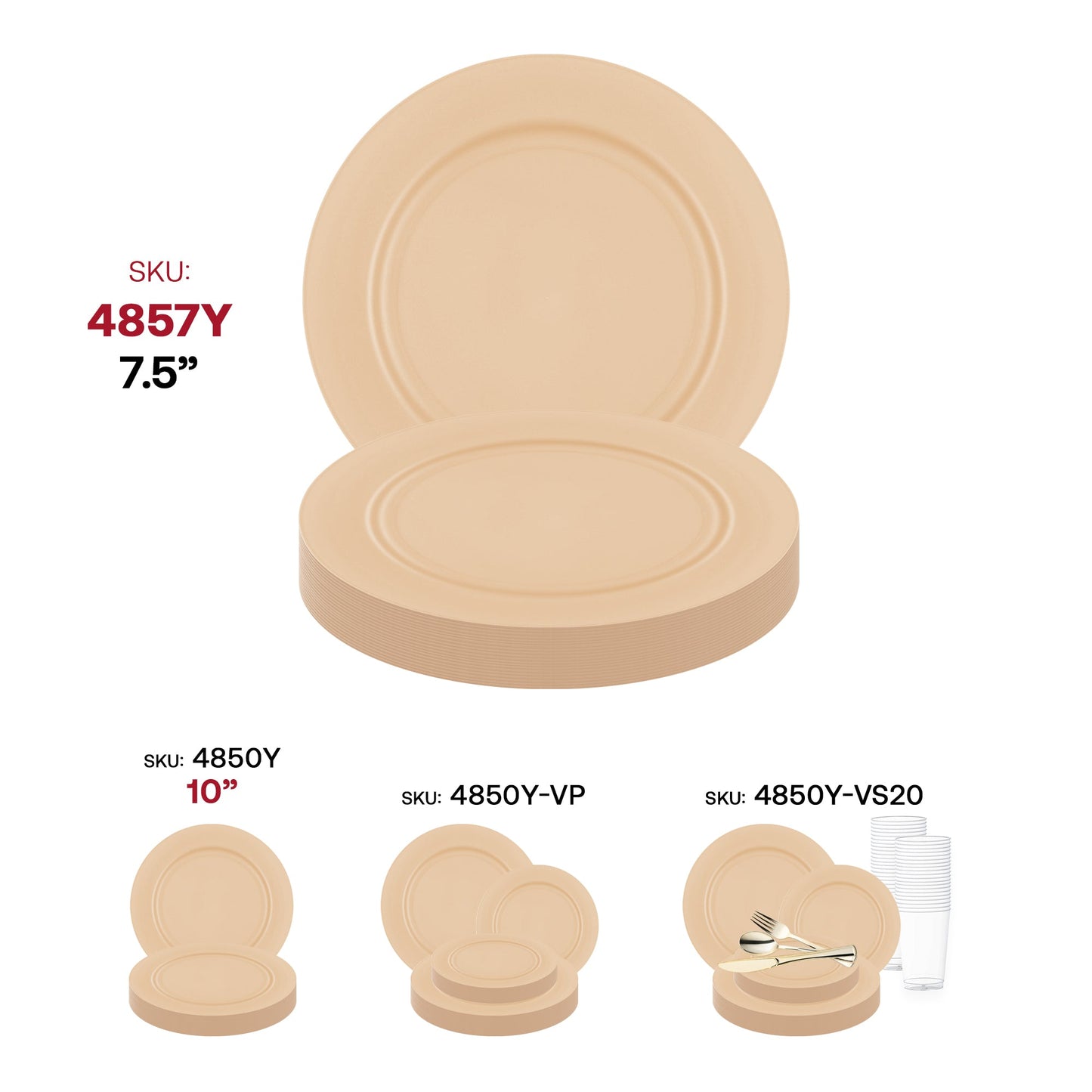 Bright yellow round 7.5-inch disposable plastic plates in a matte finish, bulk pack of 120