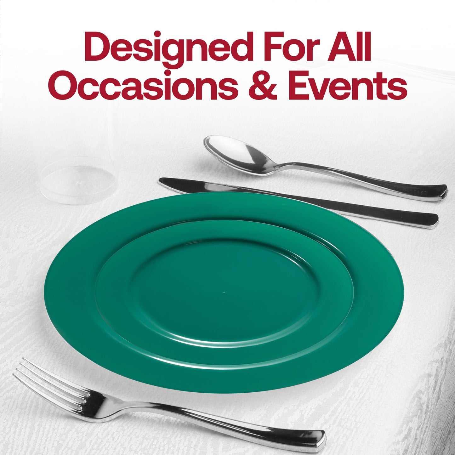Bring a festive and upscale touch to your holiday gathering with the Solid Green Holiday Round Disposable Plastic Wedding Value Set, ideal for stylish holiday dinners and parties