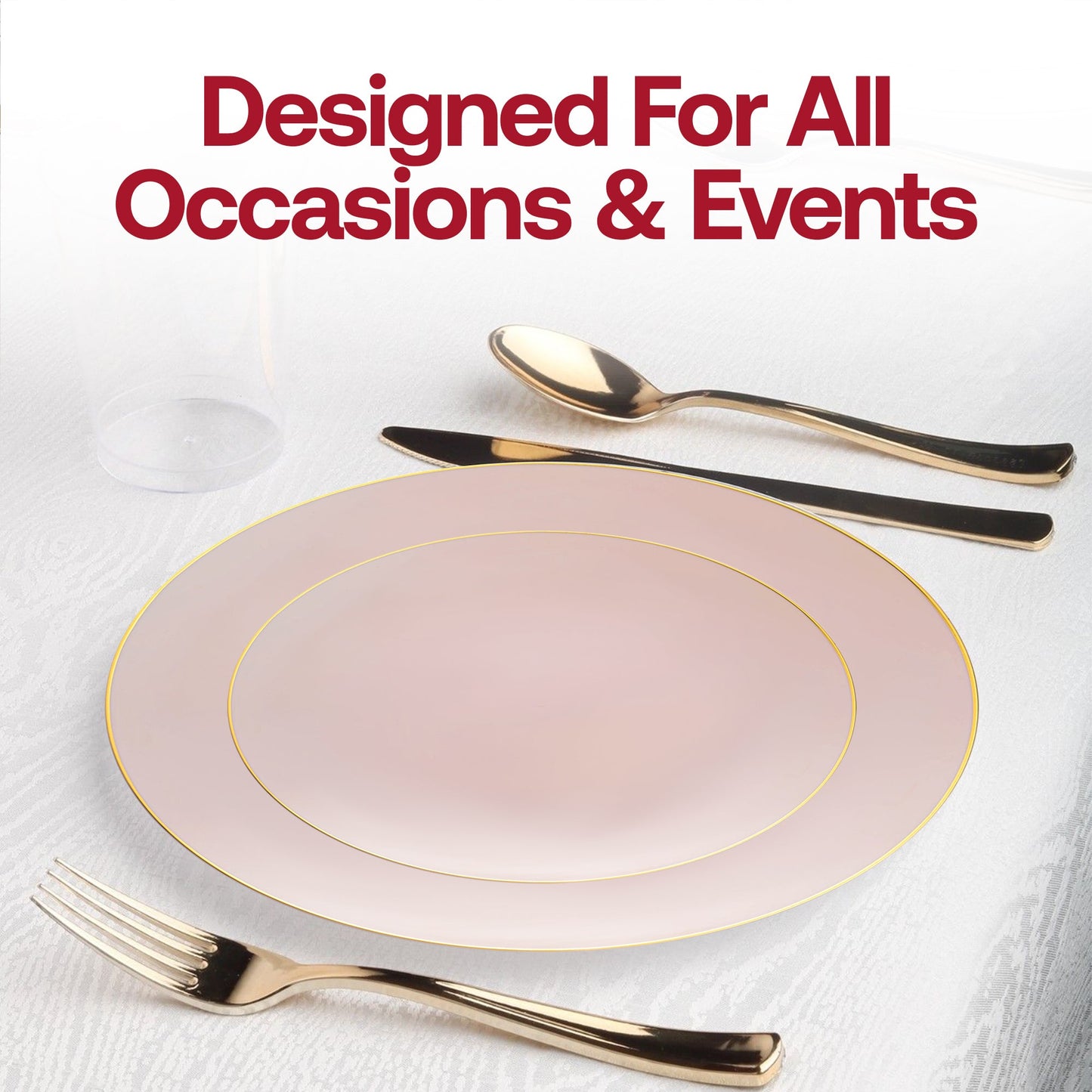 Bring a warm, graceful elegance to your special day with the Pink with Gold Organic Round Disposable Plastic Wedding Value Set, a stunning addition to any memorable celebration