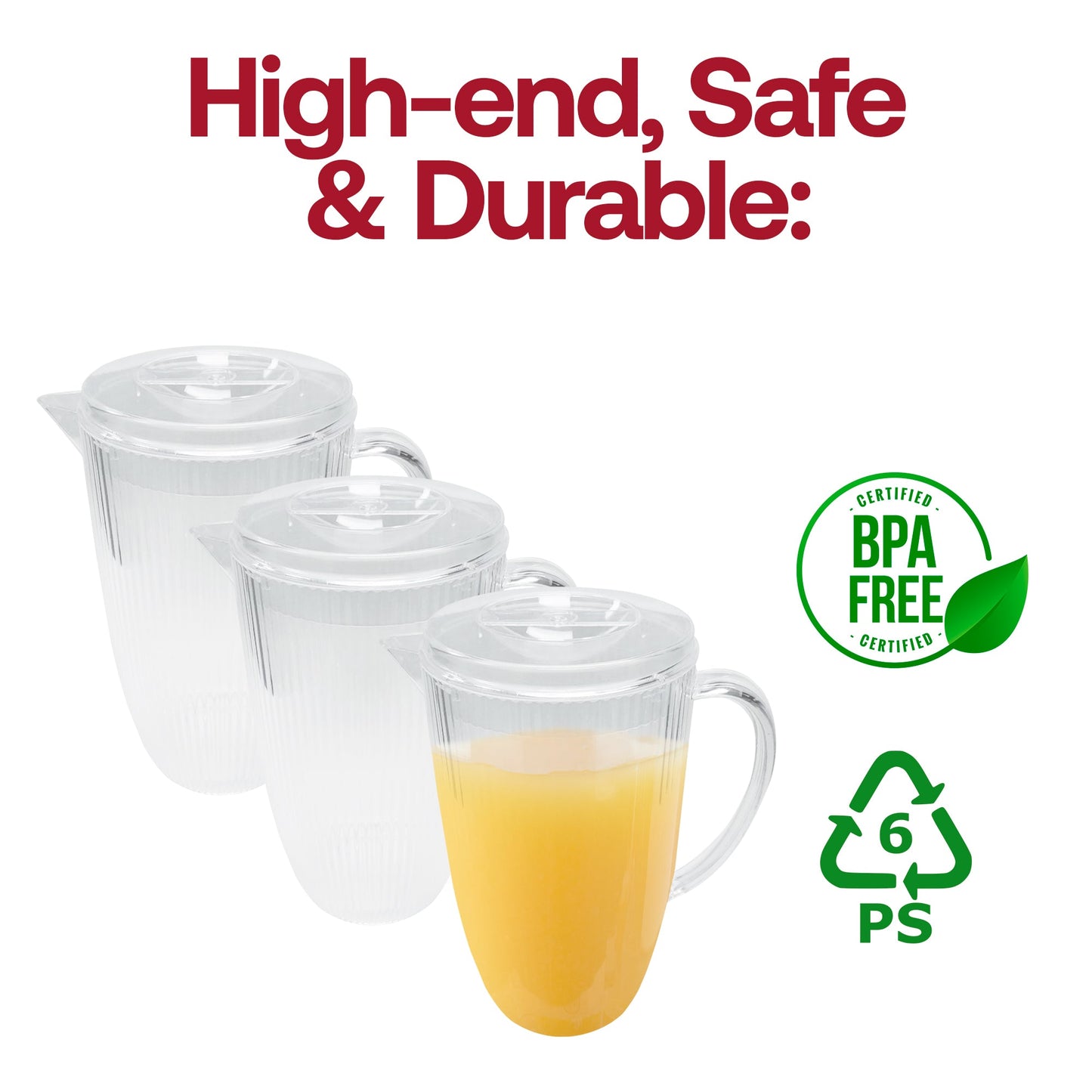 Brunch buffet display with Clear Ribbed Plastic Pitchers used for fresh-squeezed juice, infused water, and iced drinks