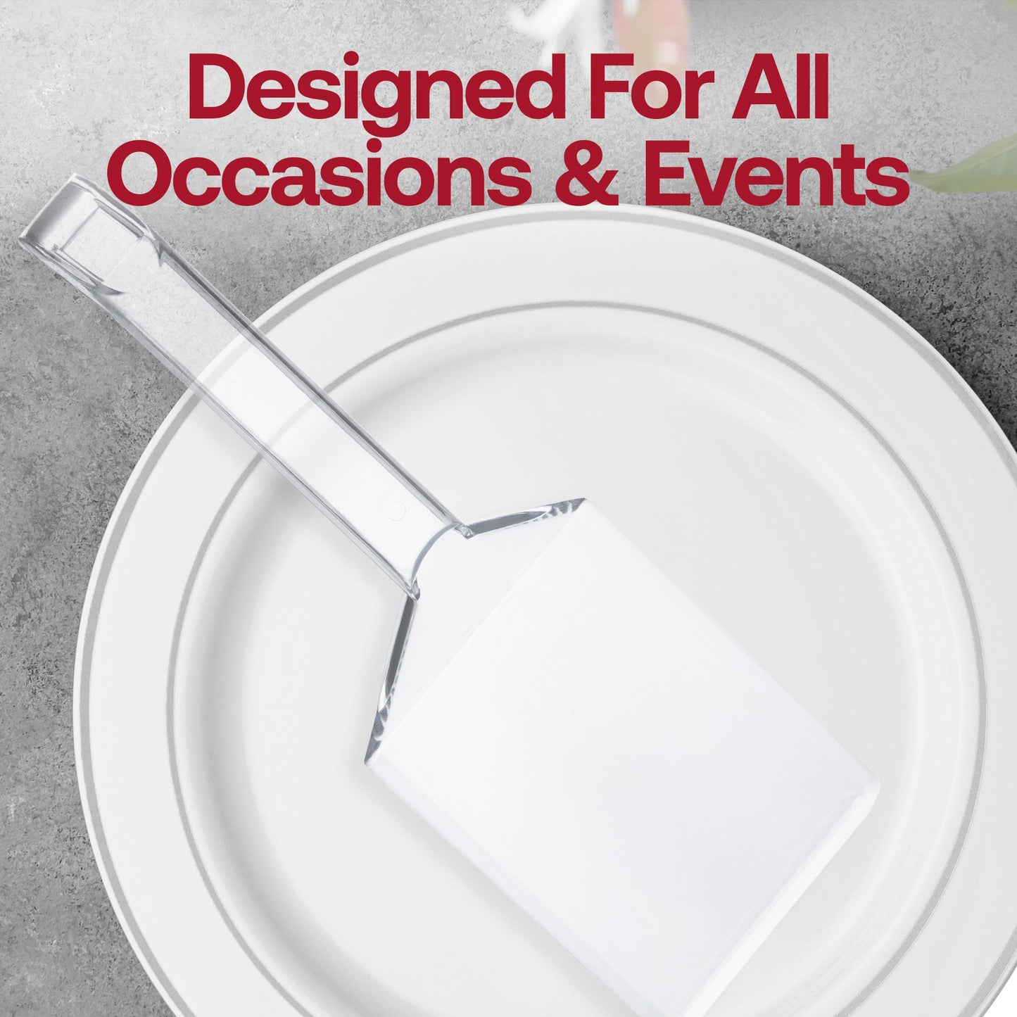 Bulk case includes 48 clear disposable plastic serving spatulas, great for catering and large-scale entertaining