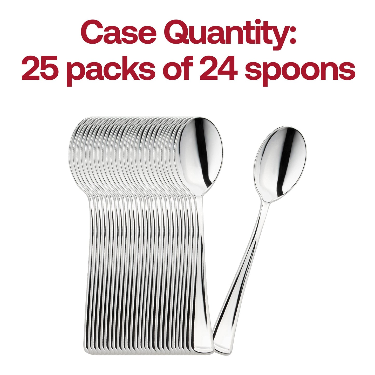 Bulk case includes 600 Shiny Metallic Silver Plastic Spoons packed in 25 sleeves of 24 spoons for simple event prep