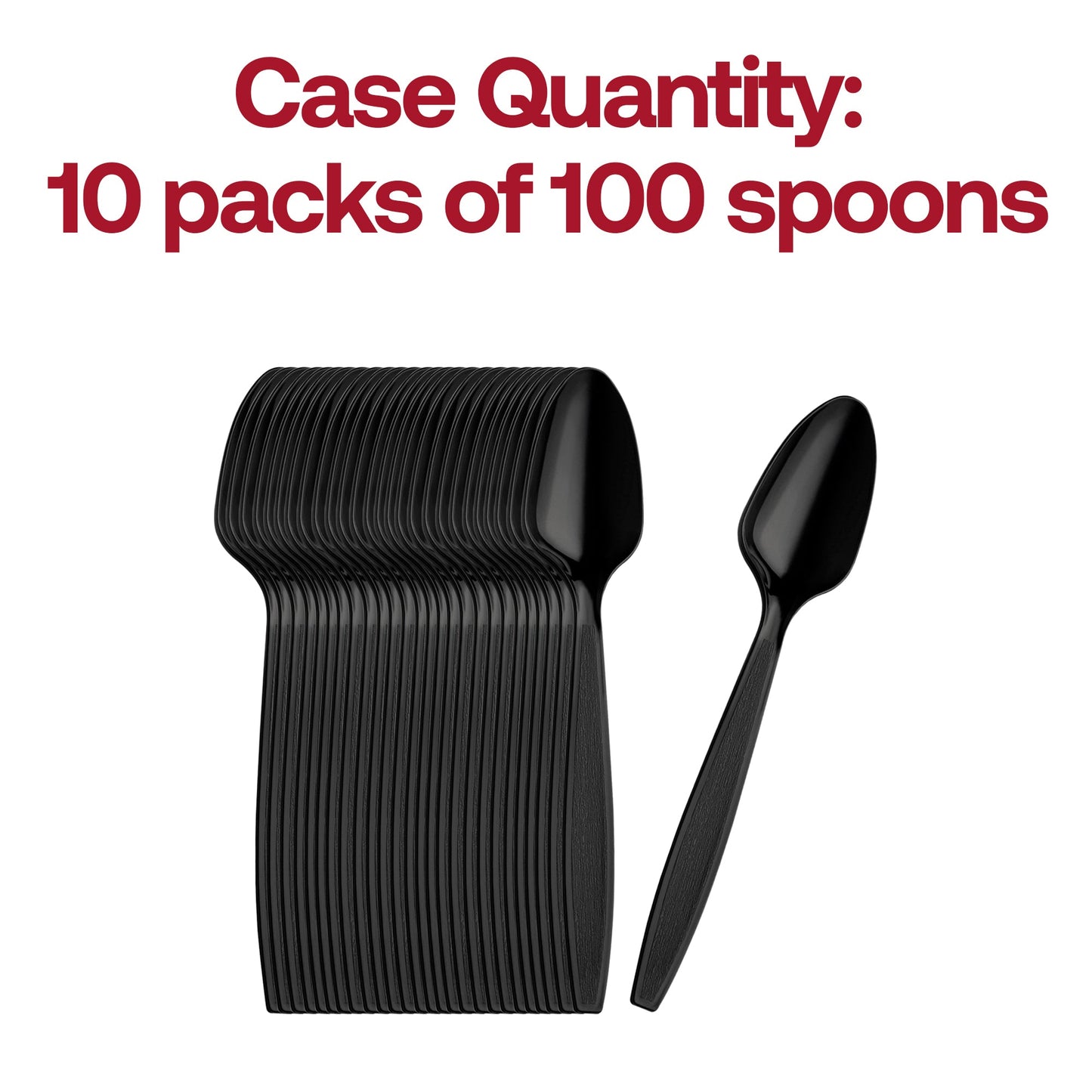 Bulk case of 1,000 black plastic spoons, sturdy and disposable, ideal for restaurants, parties, and food service.