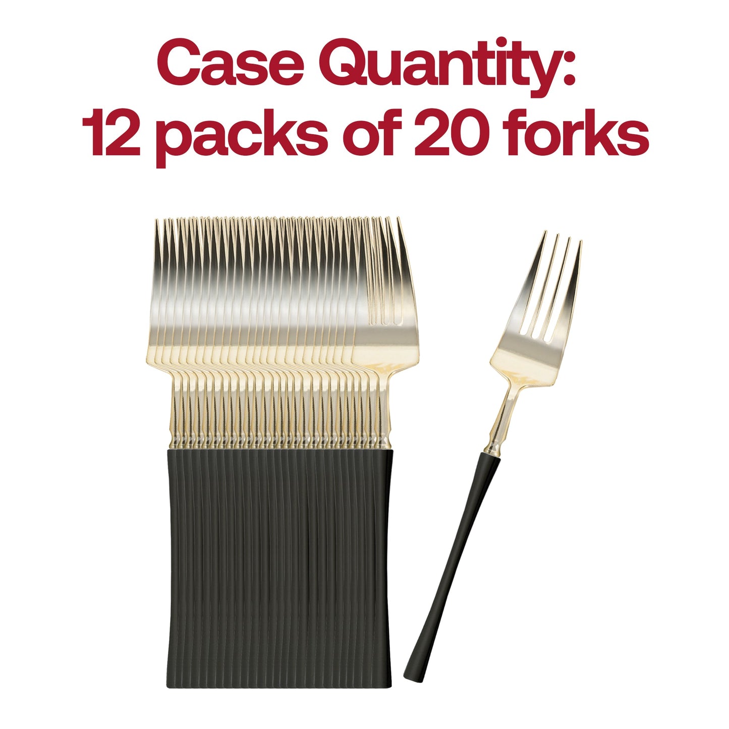 Bulk case of 240 gold plastic forks with black handles, ideal for weddings and special occasions.