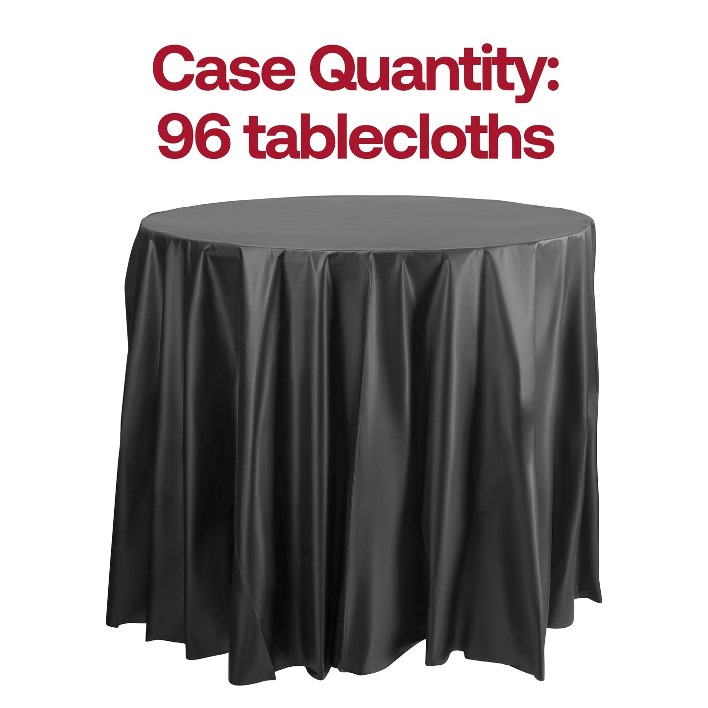 Bulk case of 96 black round disposable plastic tablecloths, 84-inch size, ideal for large parties and event planning.