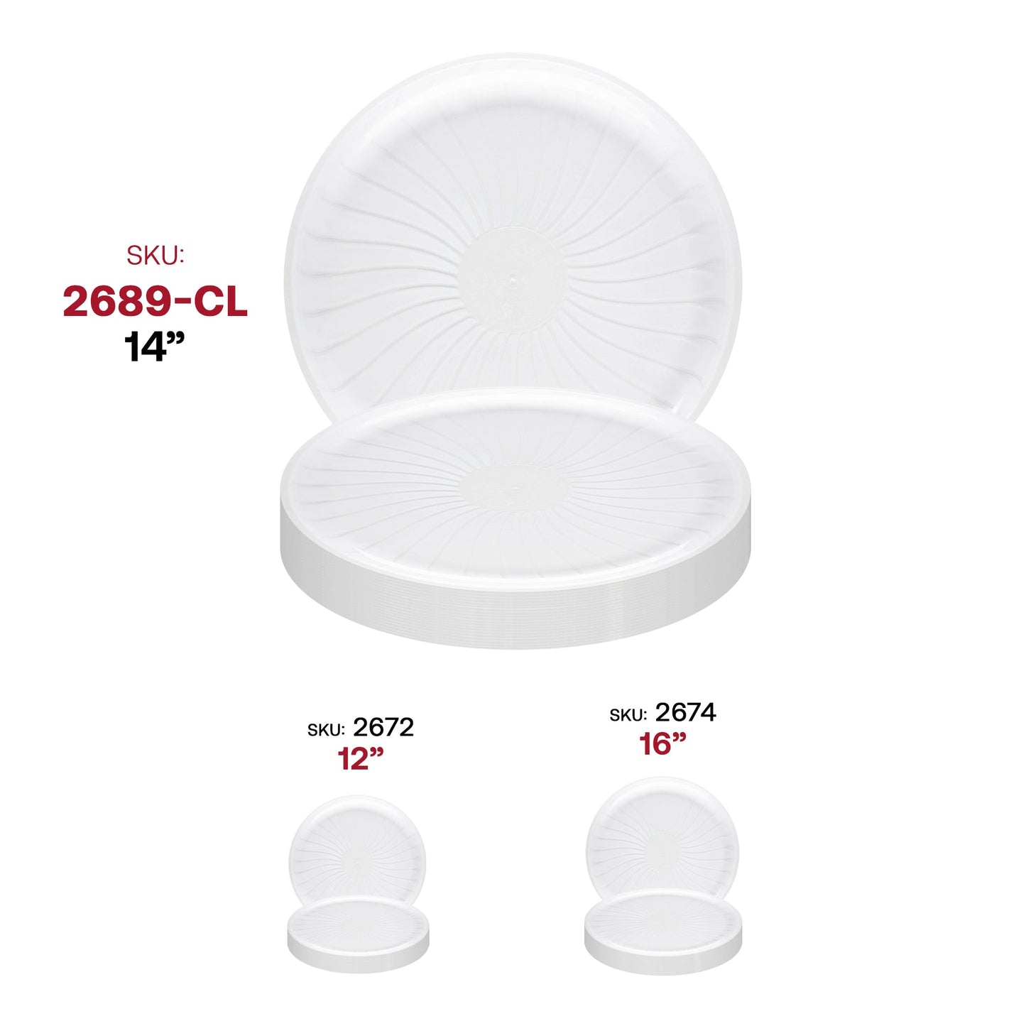 Bulk pack includes 12 sets of 2 clear pavilion round trays, ideal for large-scale events or catering