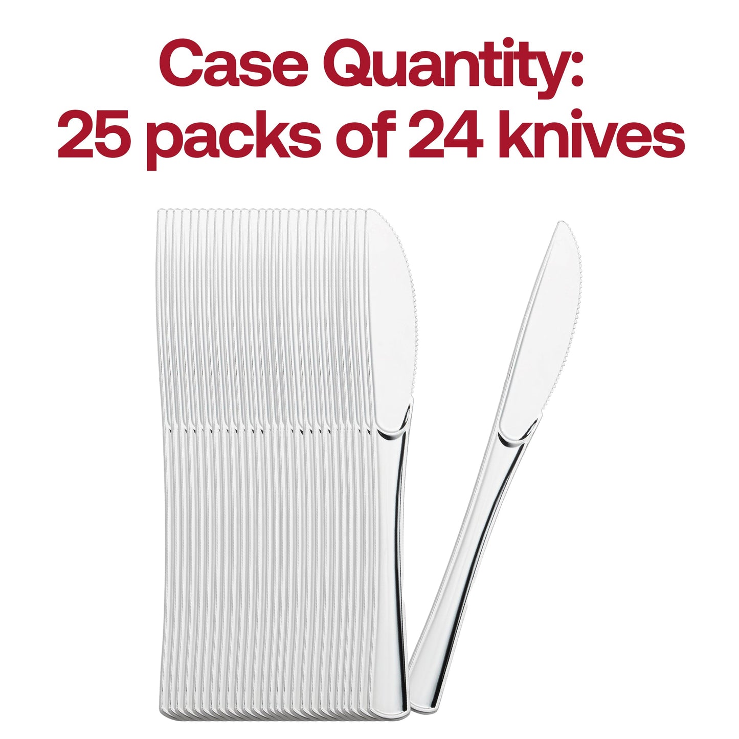 Bulk pack includes 600 Shiny Metallic Silver Plastic Knives in 25 sleeves of 24 pieces for efficient serving and storage