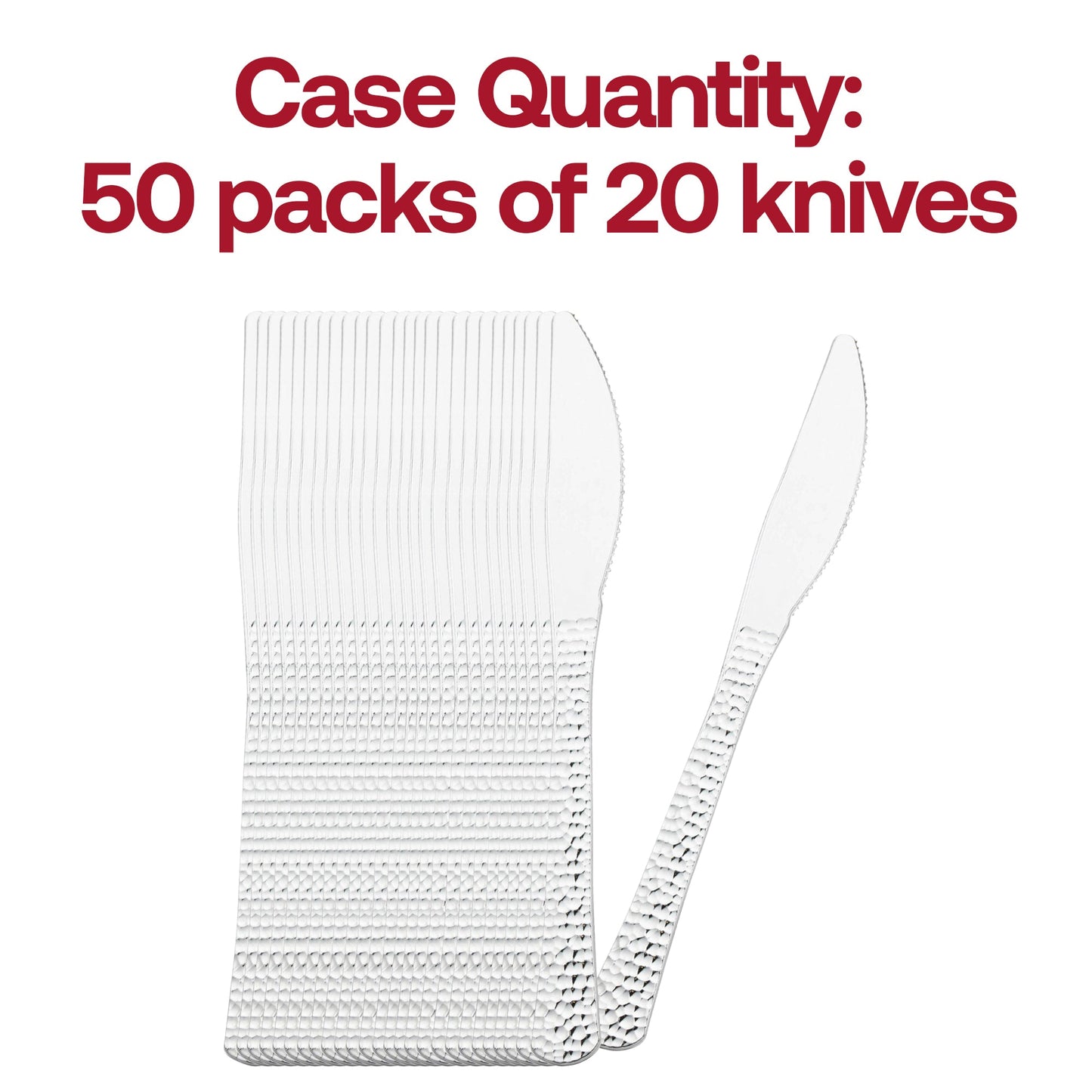 Bulk pack of 1000 silver hammered plastic knives, 7.75 inches – High-quality disposable knives with a sophisticated hammered grip and sleek silver finish.