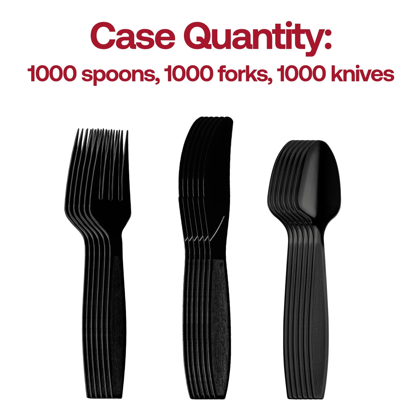 Bulk pack of 1,000 black disposable plastic utensils, including 7'' forks, 7.5'' knives, and 6'' spoons, ideal for gatherings