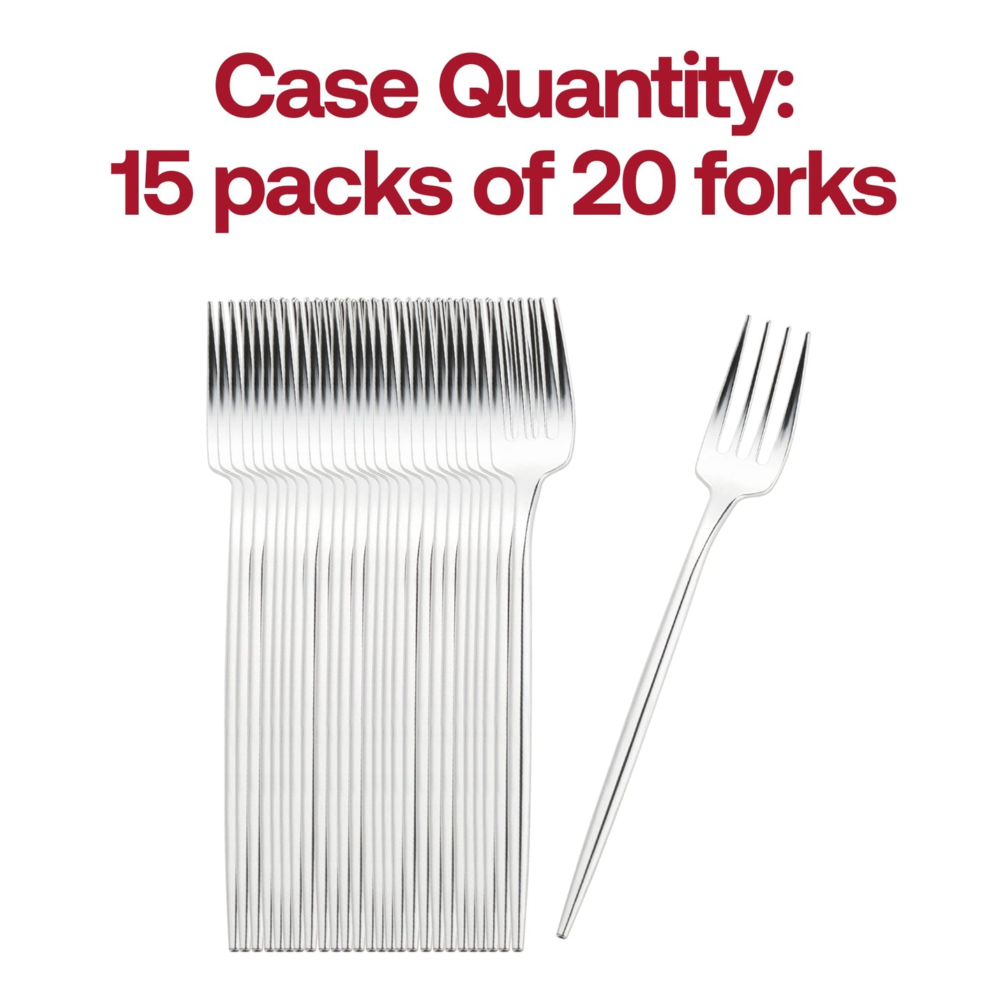 Bulk pack of 300 shiny silver Moderno 8.4" plastic dinner forks, ideal for catering, weddings, and large gatherings