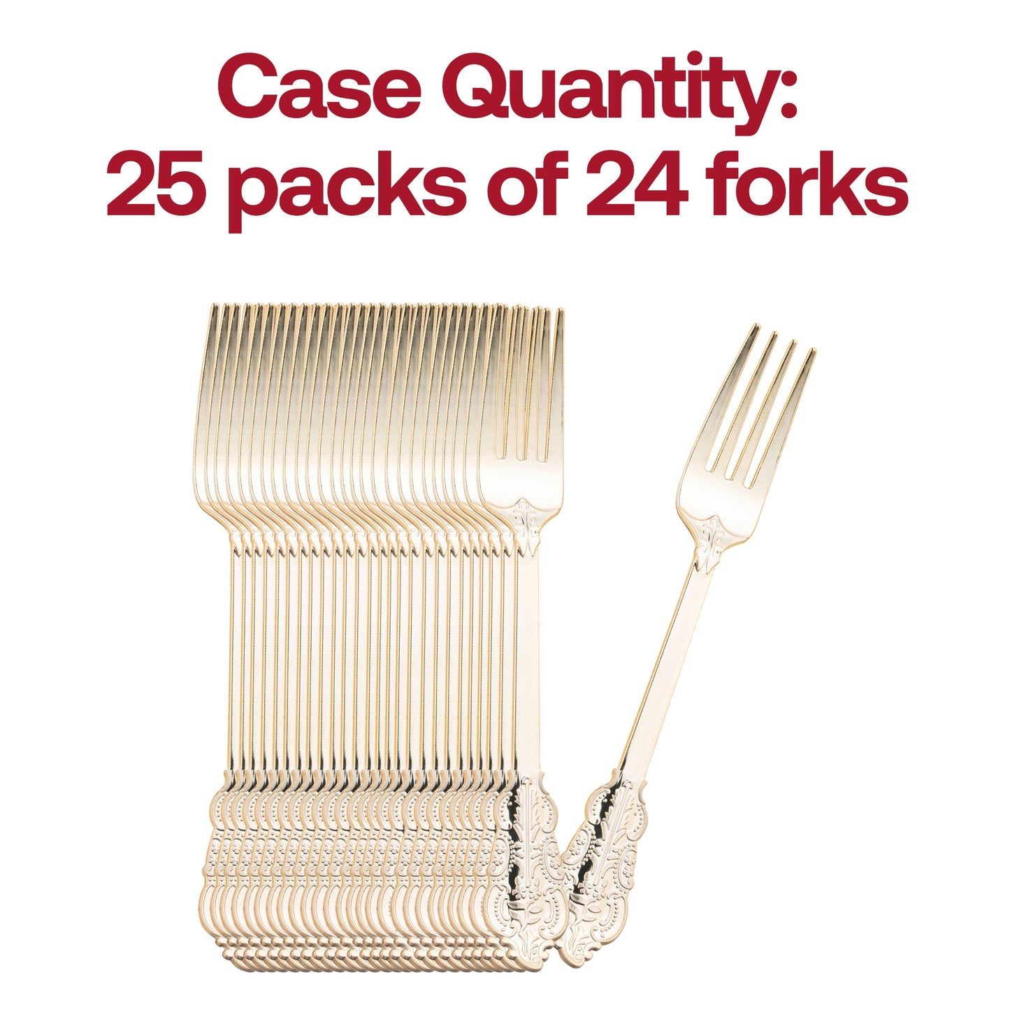 Bulk pack of 600 gold baroque plastic forks, 7.4 inches – High-quality disposable cutlery with a classic baroque-inspired handle design.