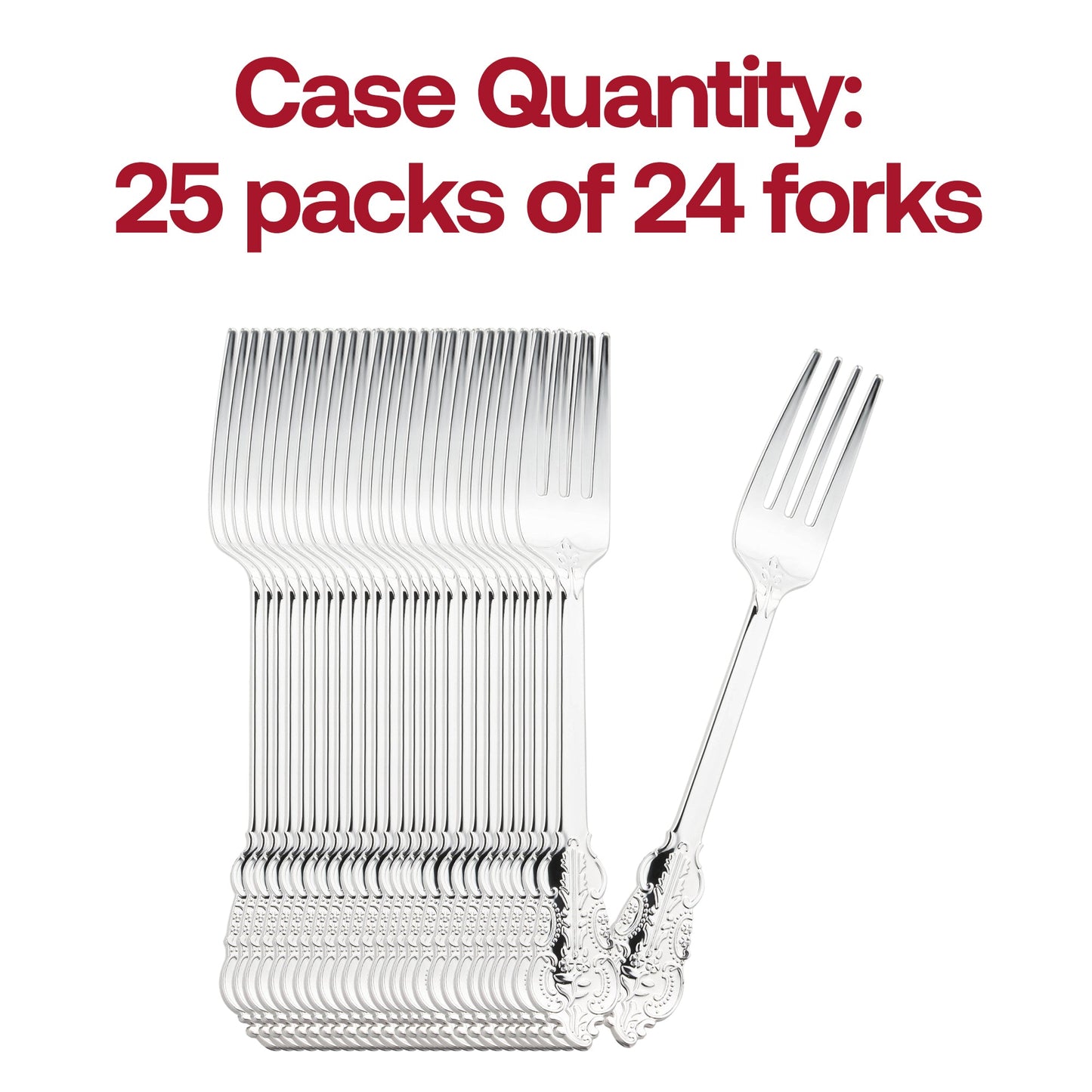 Bulk pack of 600 silver baroque plastic forks, 7.4 inches – High-quality disposable cutlery with a classic baroque-inspired handle design.